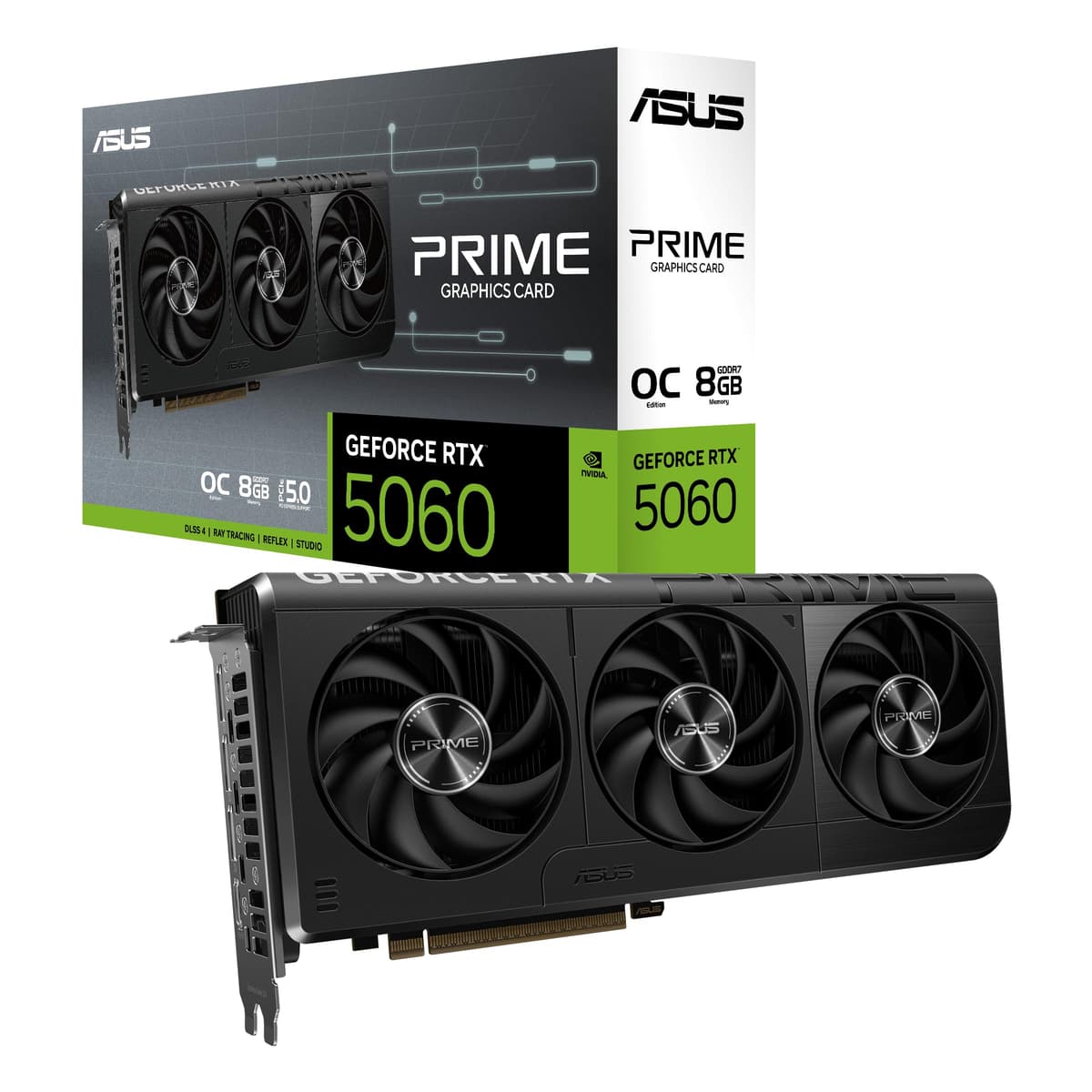 ASUS Tarjeta Gráfica Prime GeForce RTX 5060 8GB GDDR7 Edición OC Lista para SFF (PCIe 5.0, 8GB GDDR7, HDMI/DP 2.1, 2.5 ranuras, Ventiladores Axial-tech, BIOS Dual) PRIME-RTX5060-O8G