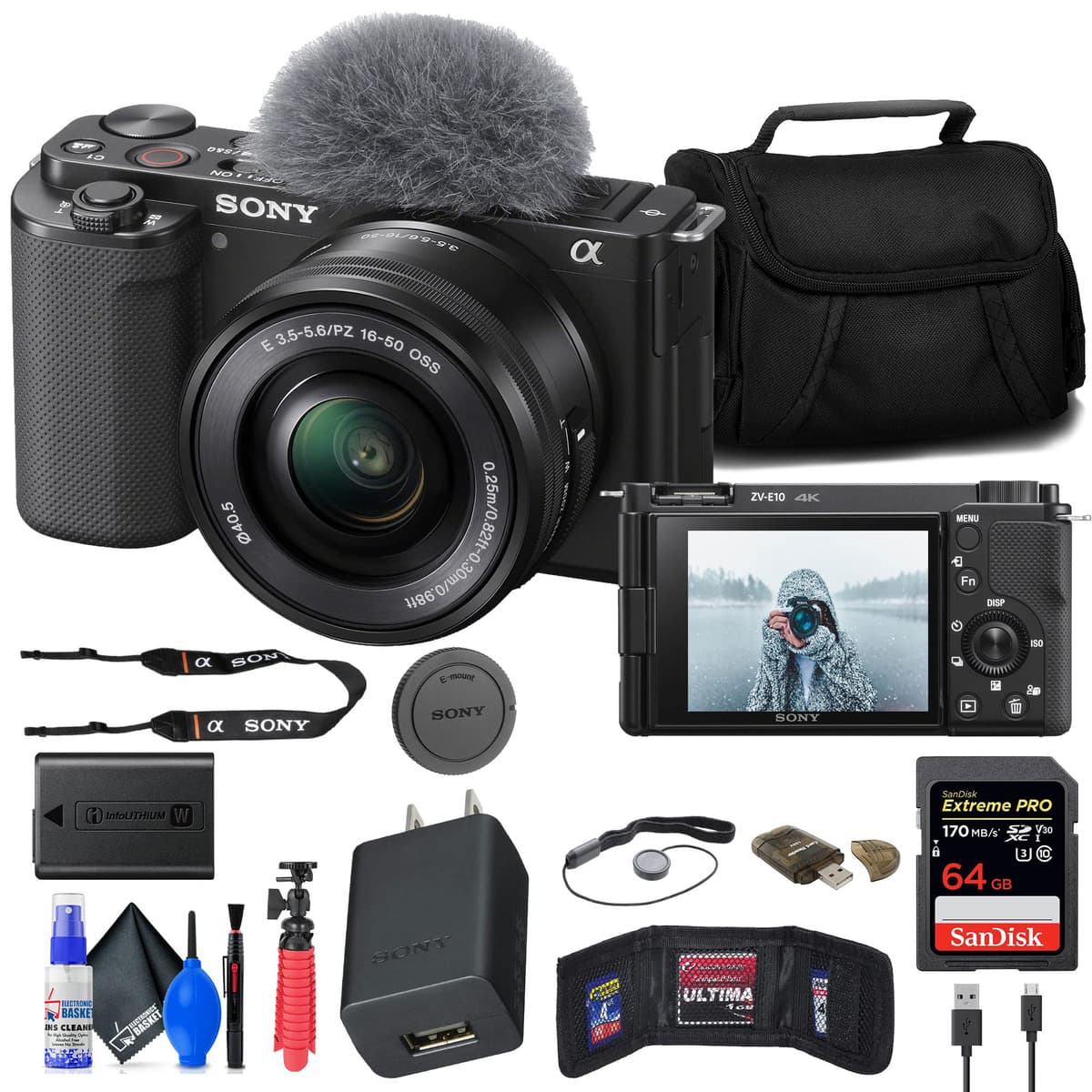 Sony ZV-E10 Mirrorless con 16-50mm + 64GB, Estuche, Tripié Flexible, Lector y Kit (Renewed) ILCZV-E10L/B_EDIRE_1