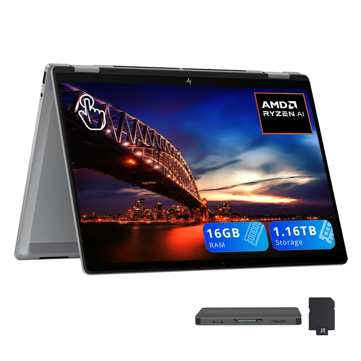 HP OmniBook X Flip portátil 2 en 1, pantalla táctil 14" 2K, AMD Ryzen AI 5 340, 16 GB RAM, 1.16 TB almacenamiento (1 TB SSD + estación de acoplamiento 160 GB), teclado retroiluminado, Copilot+ PC, Windows 11, plateado