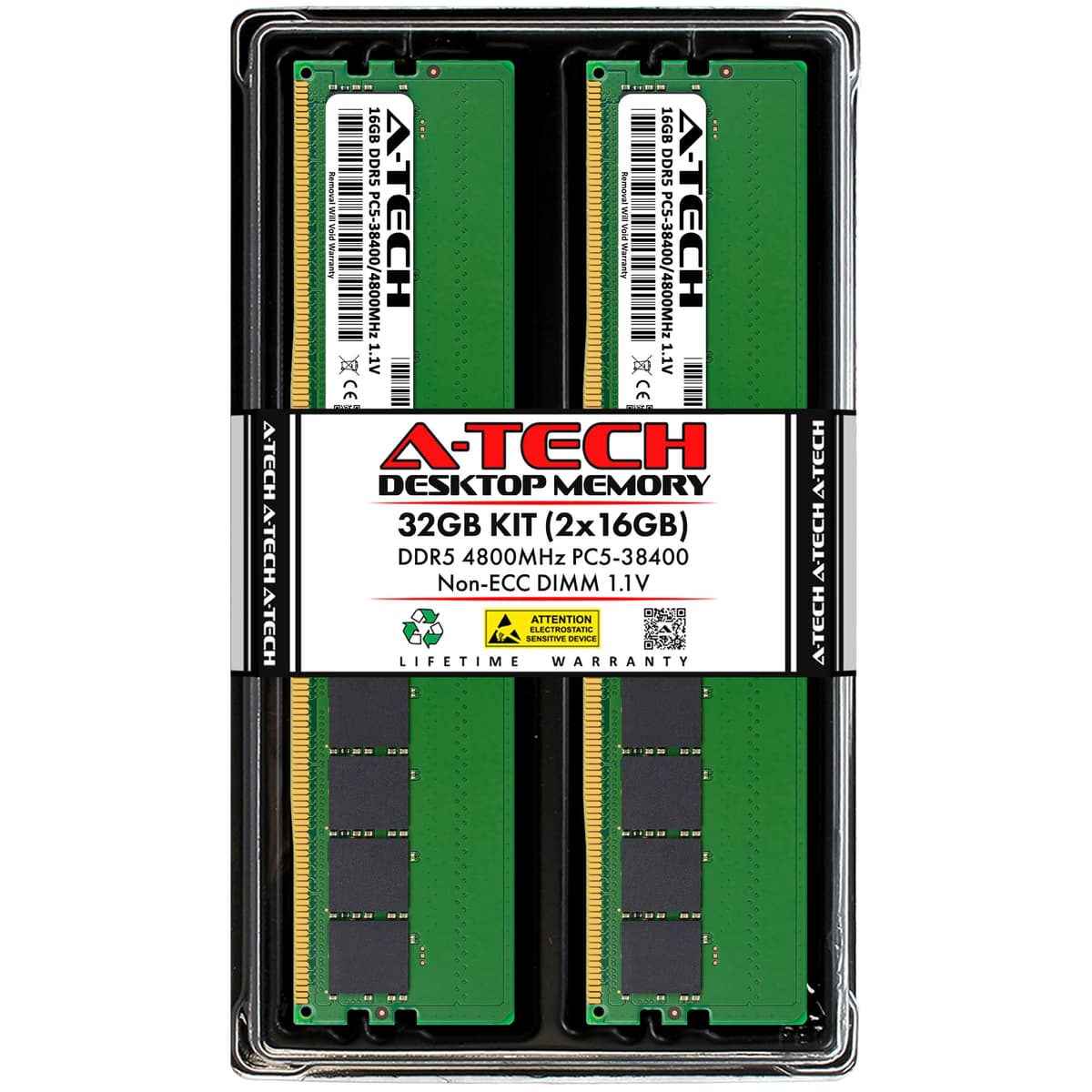 Kit A-Tech 32GB (2x16GB) DDR5 4800MHz PC5-38400 CL40 UDIMM 1.1V No ECC Sin búfer DIMM de 288 pines Memoria RAM para PC/Computadora AT16G2D5D4800NA0N11V