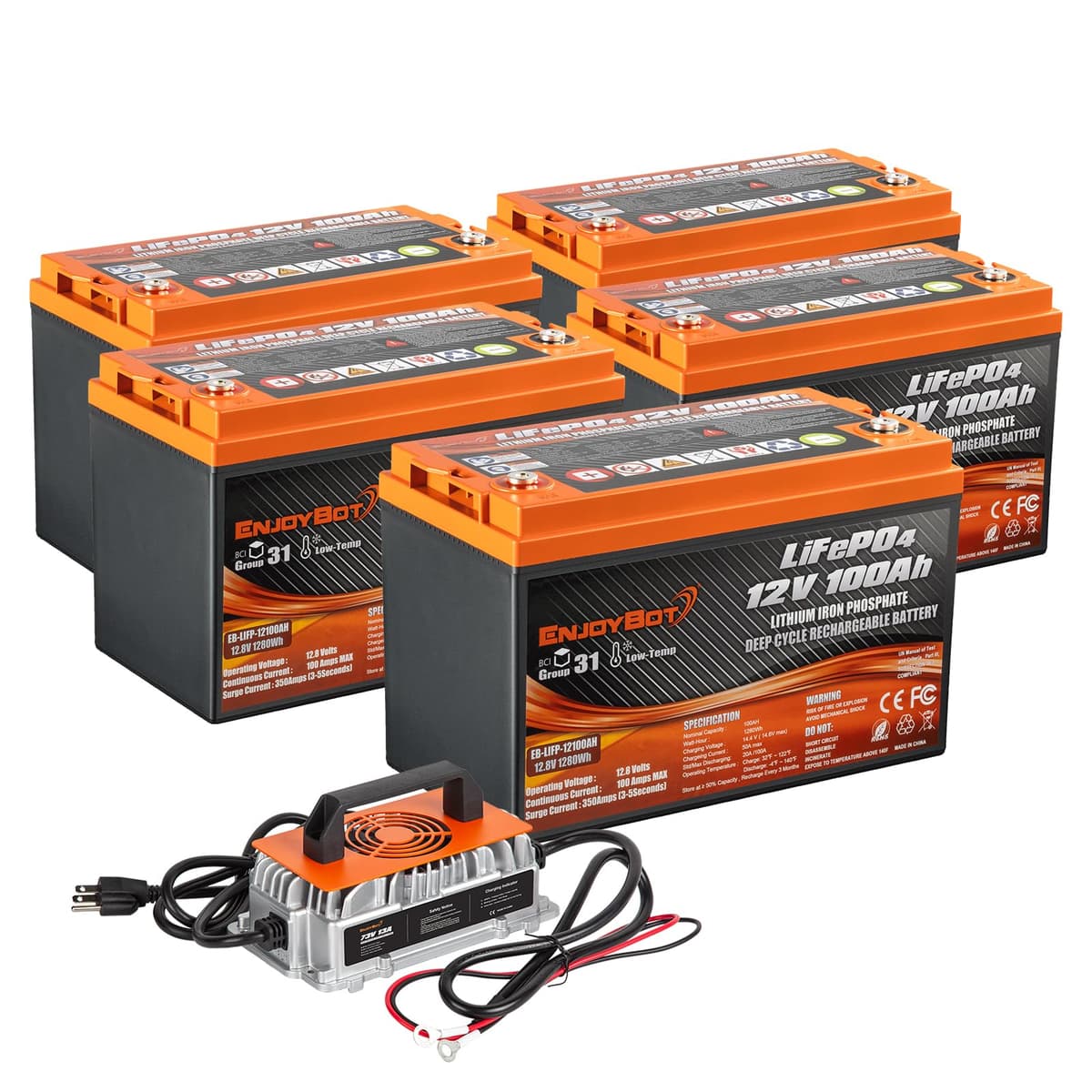Enjoybot 12V 100Ah LiFePO4 (5 Pack) con cargador 73V 13A y BMS 100A 12V100Ah 5Pack+73V13A