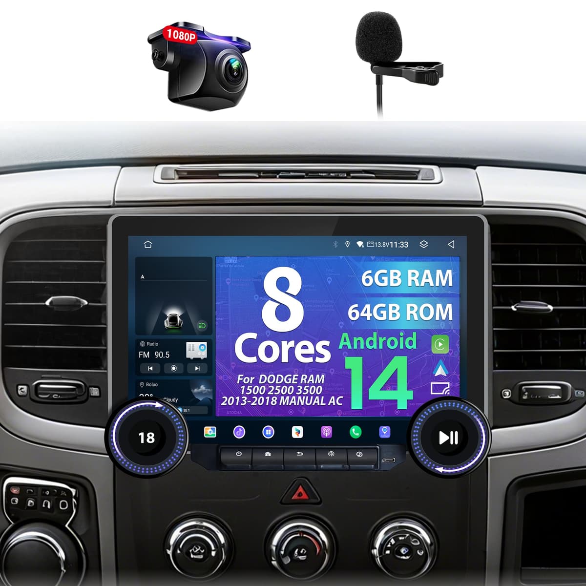 Nunoo Radio Android 11.6" para Dodge Ram 2013-2018 (Manual AC) - 8-Core, 6GB+64GB, QLED 2K, CarPlay/Android Auto inalámbrico NT8-AD1-C