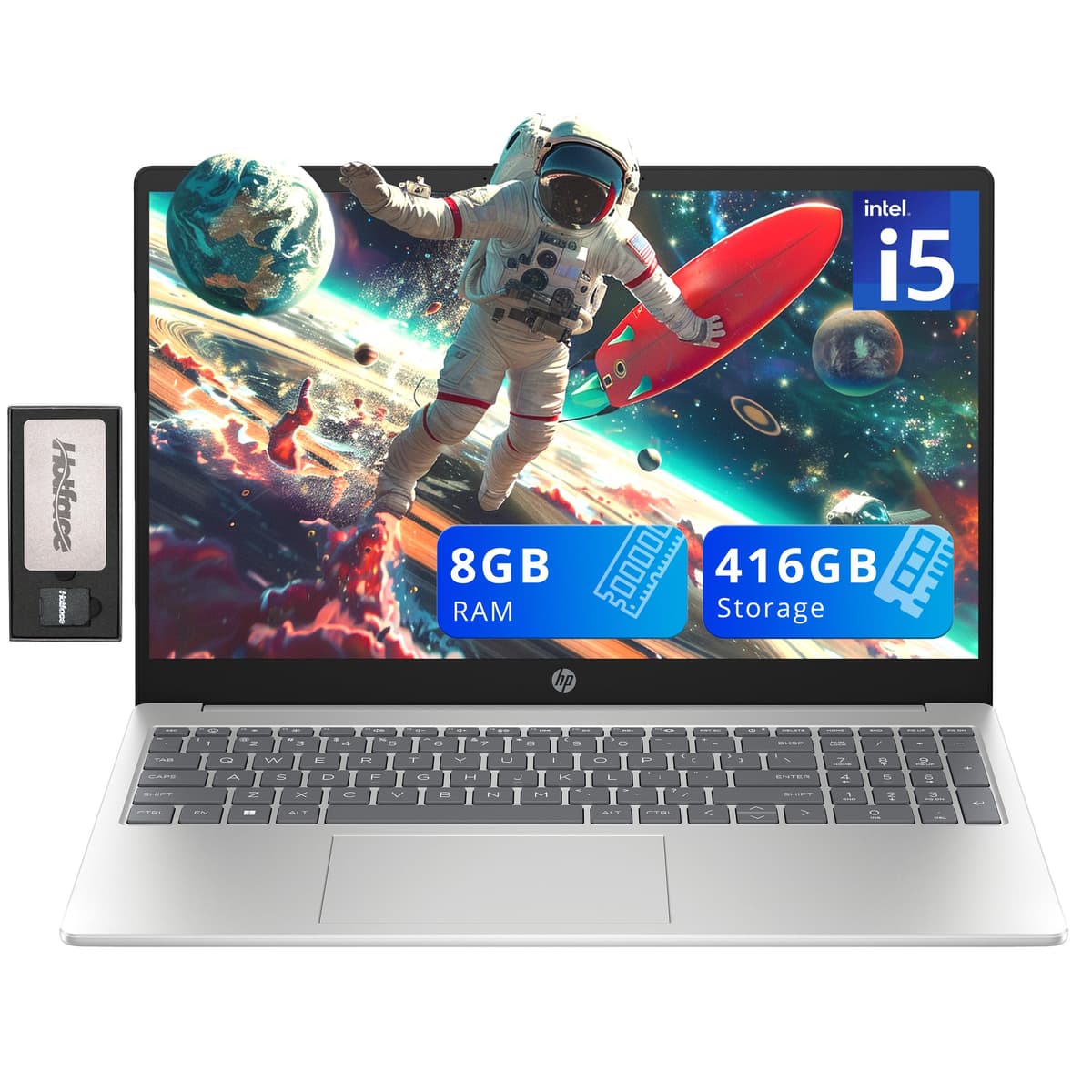 HP Pavilion 15.6" FHD IPS Laptop, Intel i5-1235U, 8GB RAM, 416GB de almacenamiento (256GB SSD + 160GB Estación de acoplamiento), Gráficos Intel Iris Xe, Teclado numérico, Cámara web, Wi-Fi 6, Windows 11, Plateado