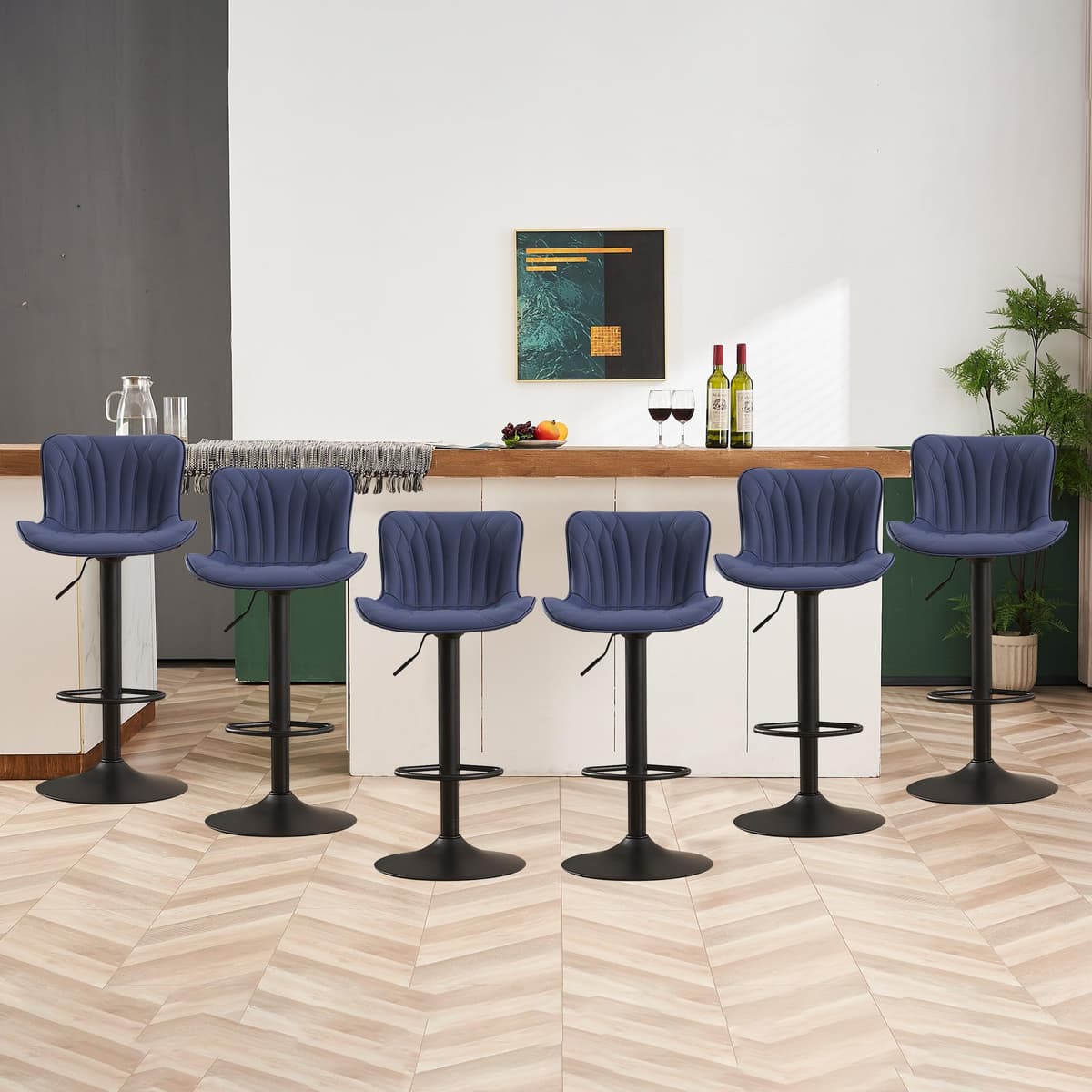 Juego de 6 Taburetes de Barra YOUNIKE Modernos Giratorios de Altura de Mesada con Respaldo, Ajustables para Cocina, Tapizados en Cuero Sintético para Isla de Desayuno, Azul Marino