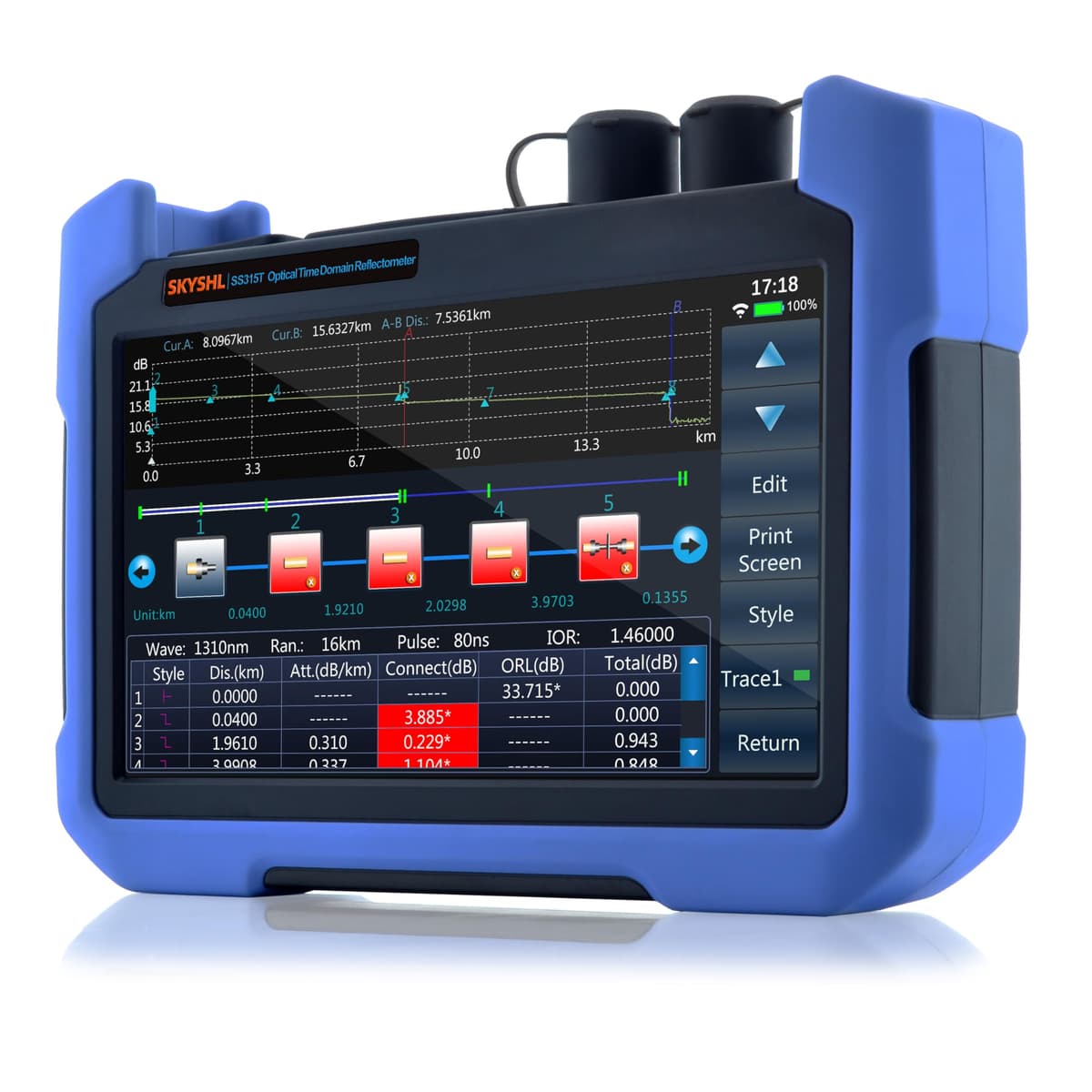 SKYSHL SS315T-2A1 OTDR SM 1310/1550nm con OPM, OLS y VFL