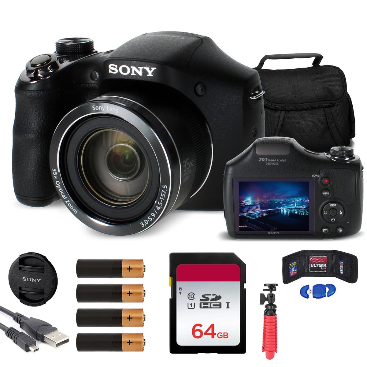 Sony Cyber-Shot DSC-H300 + 64GB + Lector + Estuche + Flex Trípode + Wallet + Kit de Limpieza (Renewed) DSCH300B_EDIRE_1