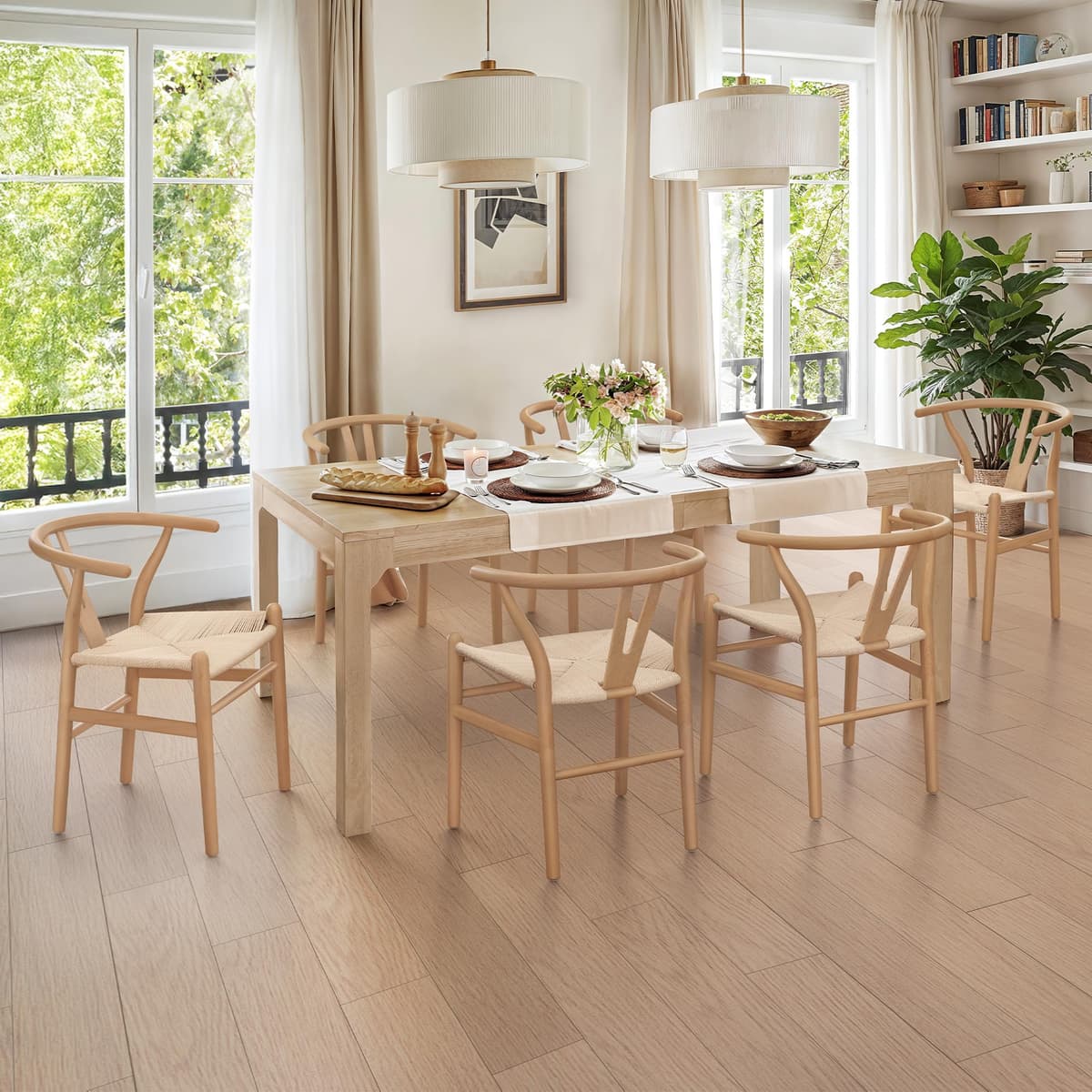 LUE BONA Juego de 6 sillas comedor de madera maciza estilo mid century con respaldo en Y y asiento tejido a mano, natural