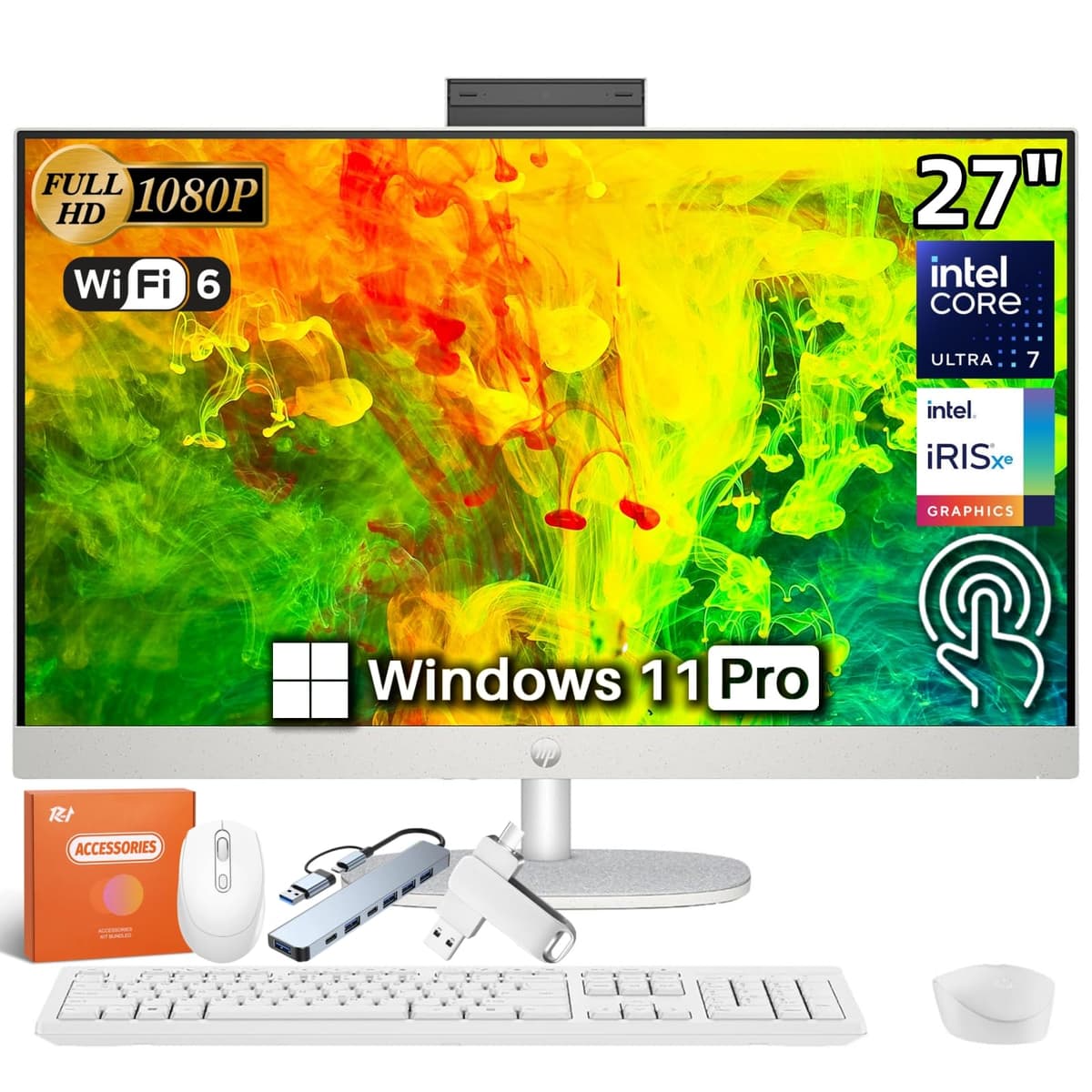 HP Computadora Todo en Uno Táctil 27" 2025, Intel Ultra 7 155U de 12 núcleos (hasta 4.8 GHz), Pantalla FHD Antirreflejo de 27", 32 GB DDR5, SSD de 2 TB, Windows 11 Pro, Accesorios, Blanco Perla HP 27 All-In-One Desktop