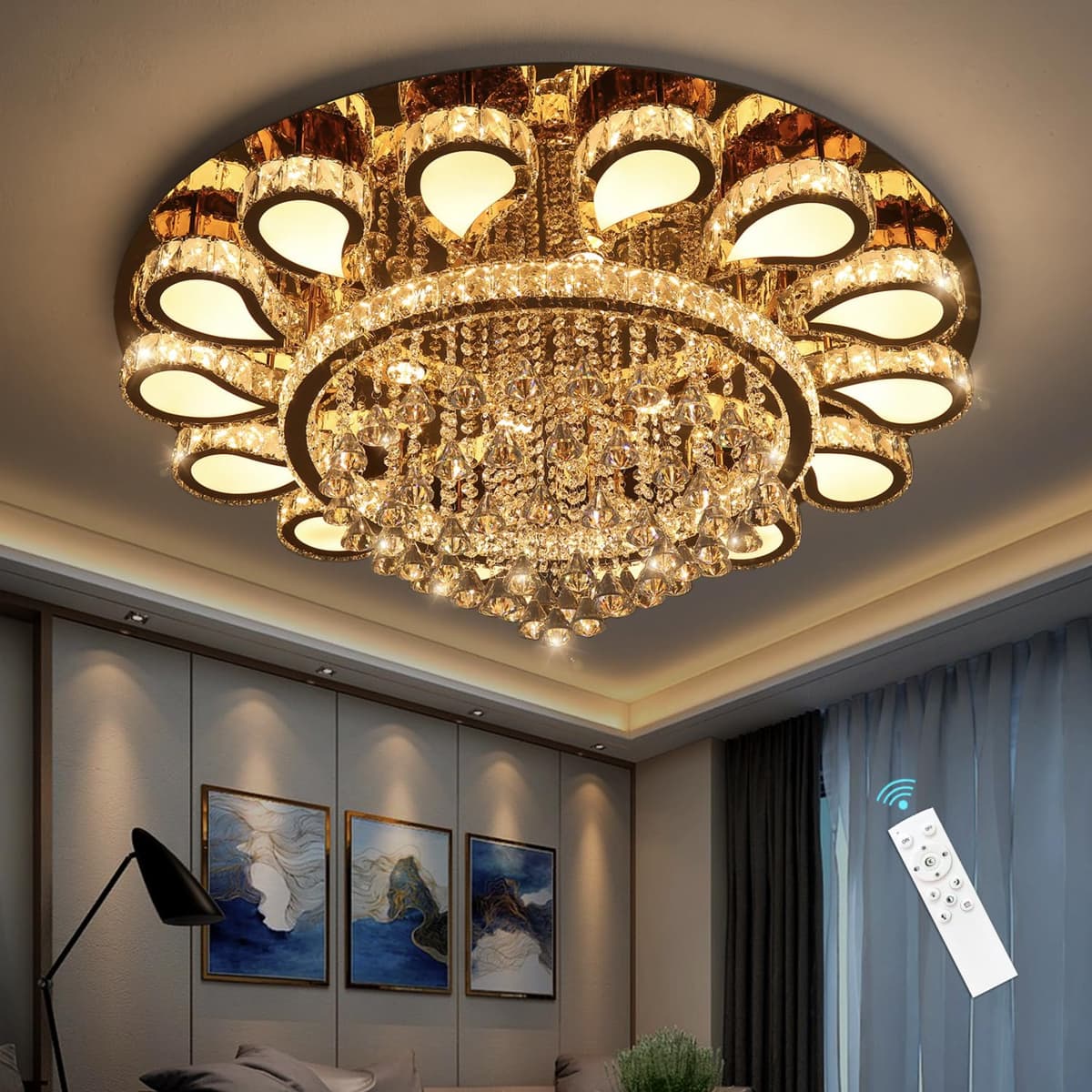 Lámpara de Araña de Cristal HAIXIANG 40" Dorada, Dimmable con Control Remoto Gold
