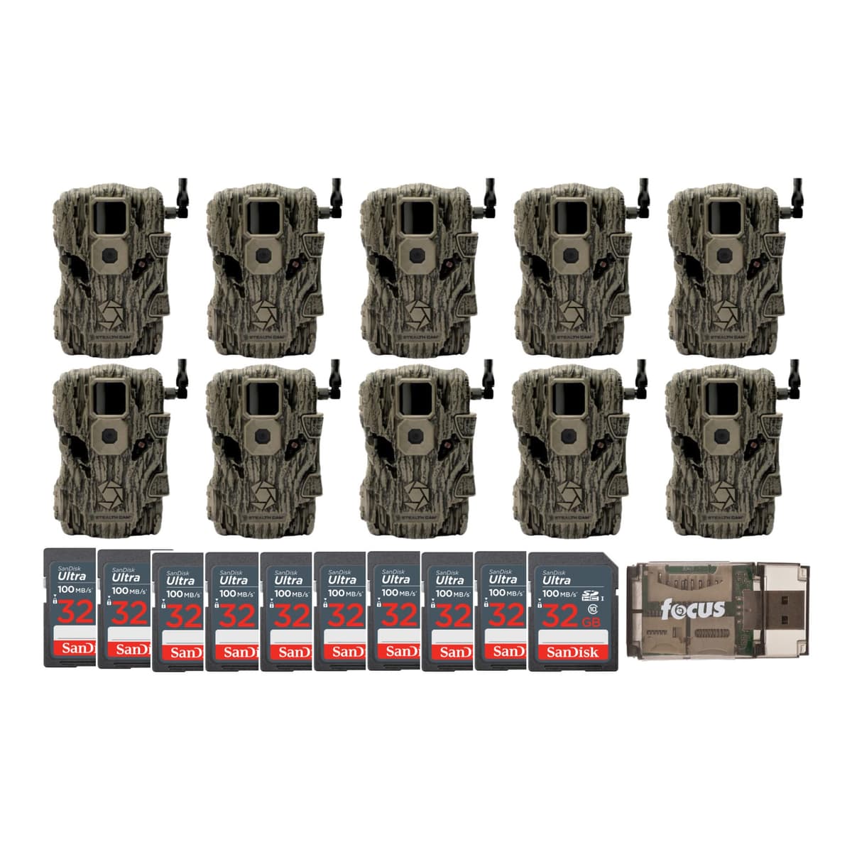 Stealth Cam Fusion X Cámara de Rastro 26MP (Verizon) Paquete de 10 + 10 MicroSD 32GB + Lector USB STC-FVRZWX_K12