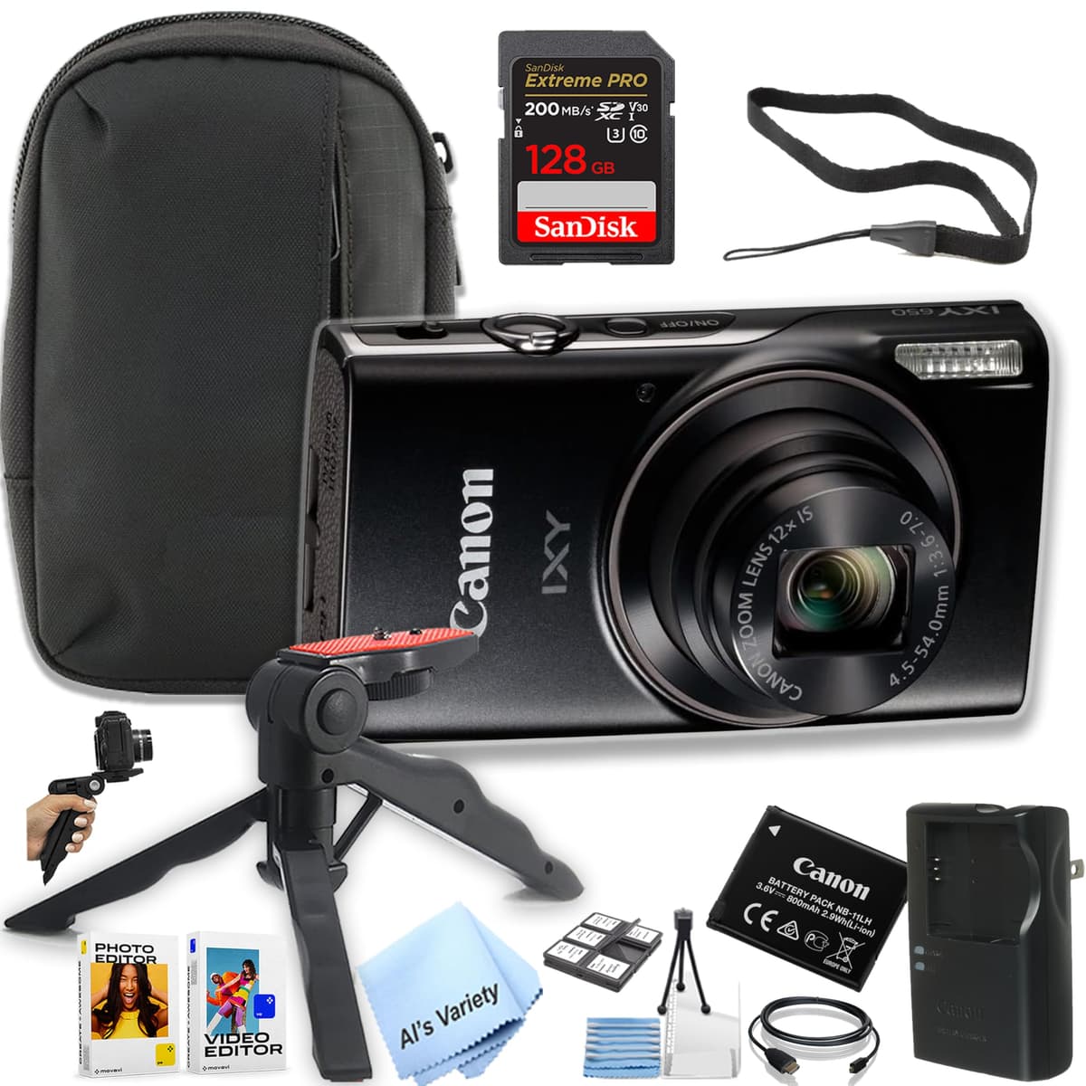 Cámara digital Canon PowerShot IXY 650 (ELPH 360) HS + memoria Extreme PRO 128GB + estuche, grip, paquete de software (paquete esencial) (reacondicionado), negro CN-IXY650-062624-cr