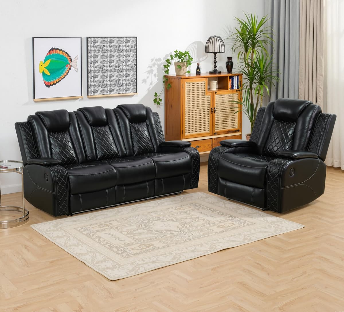 Sofá reclinable eléctrico Plithzy 3 plazas con LED, puerto USB, mesa abatible y silla (Negro) BB-GN4662-S+C