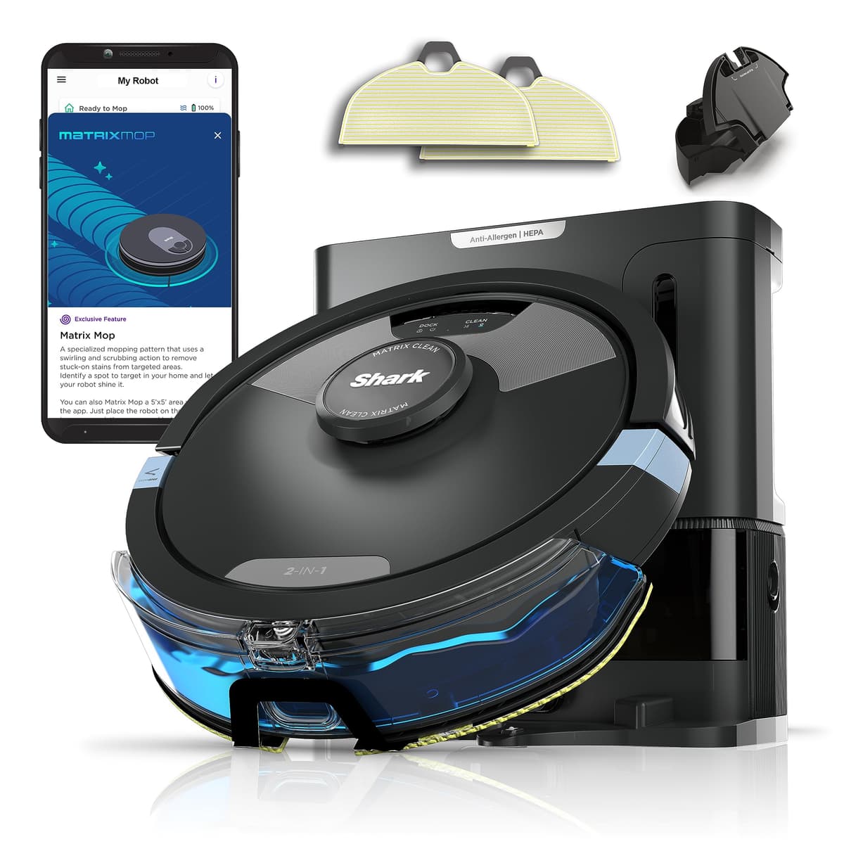 Shark Matrix Plus 2in1 Robot Aspiradora y Mop con Sonic Mopping, Matrix Clean, Mapeo 360 LIDAR, Base Autovaciable HEPA, para Pelo de Mascotas (RV2610WA)