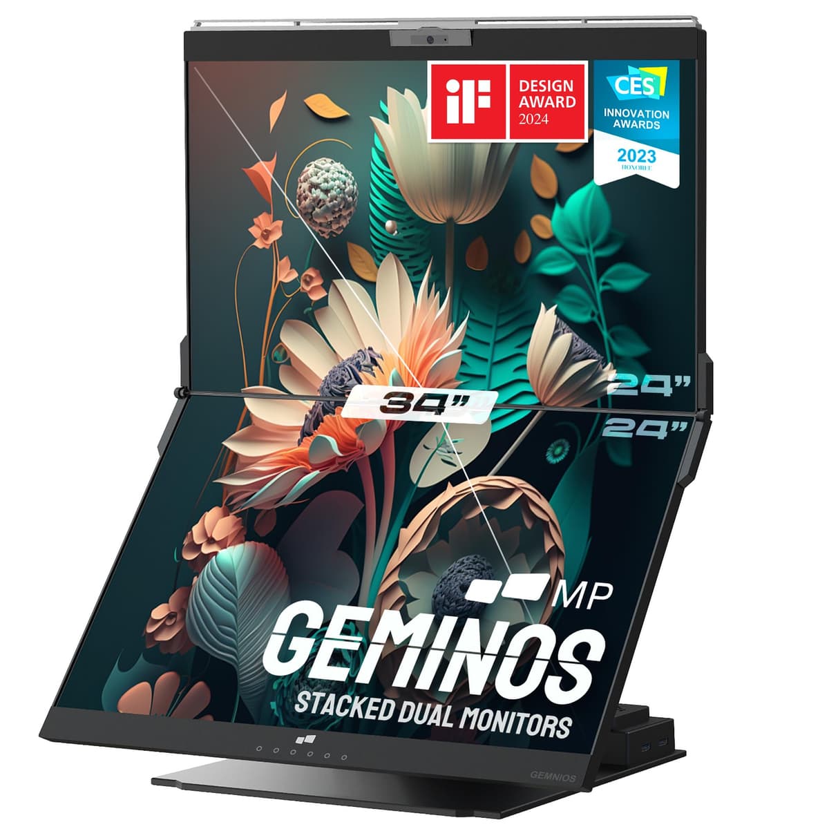 MP Mobile Pixels Geminos Doble monitor apilado 2×24" FHD con dock, webcam 1080p, speakers y carga USB-C 100W 810130760077