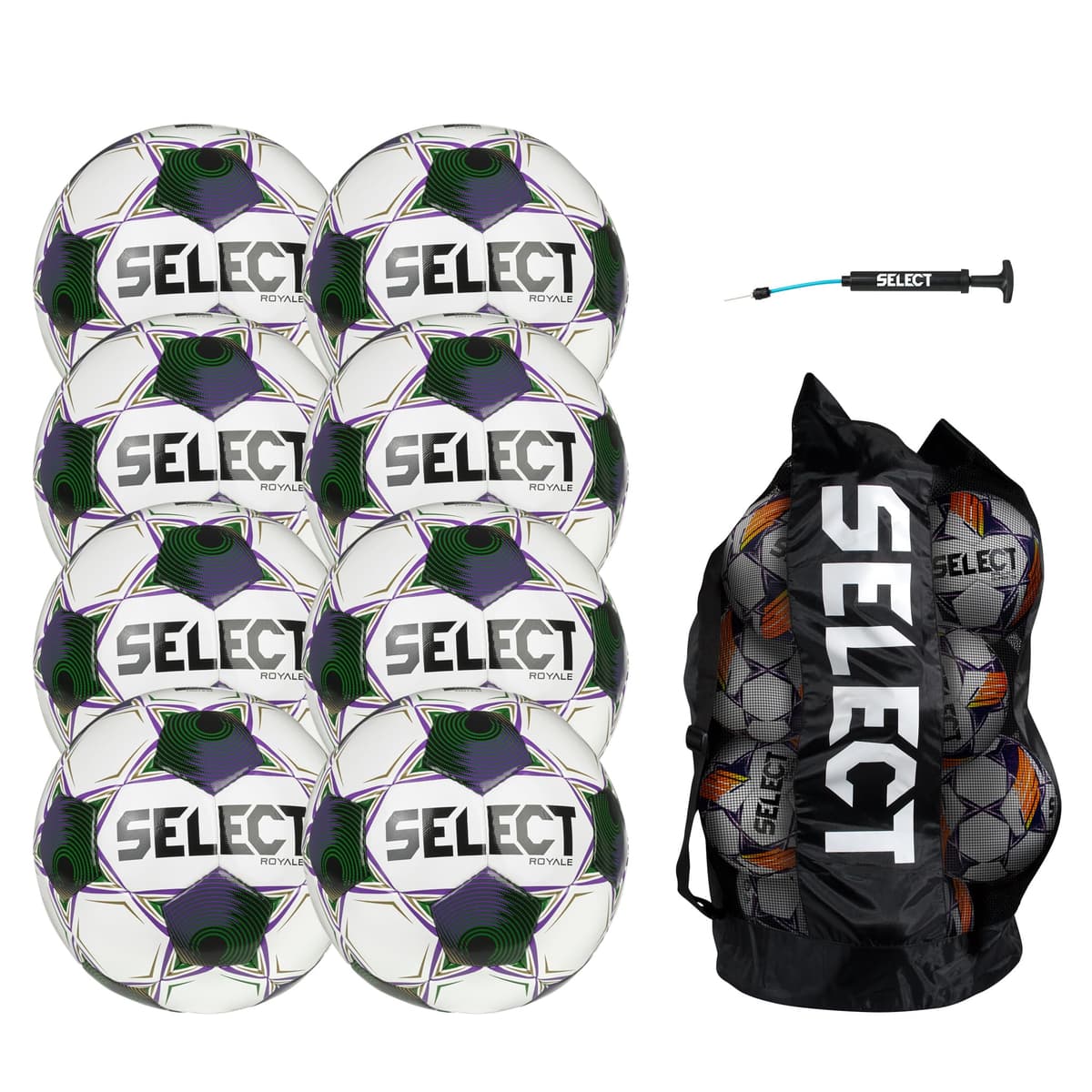 Select Royale balón de fútbol pack de 8 con bolso y bomba, blanco/púrpura/verde V25, talla 5