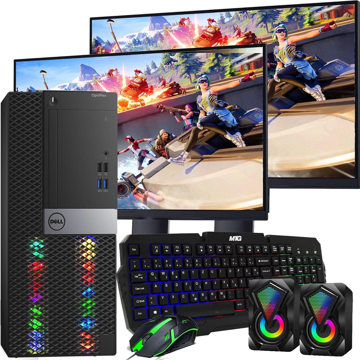 Torre Gamer DELL RGB - i7 6ª Gen, GTX 1050 Ti 4GB, 16GB RAM, SSD 1TB, Dos Monitores LED Nuevos de 24", Teclado RGB con Tecla AI, Mouse, Wi-Fi, Mini Parlante RGB, Windows 11 Pro (Reacondicionado) 5040