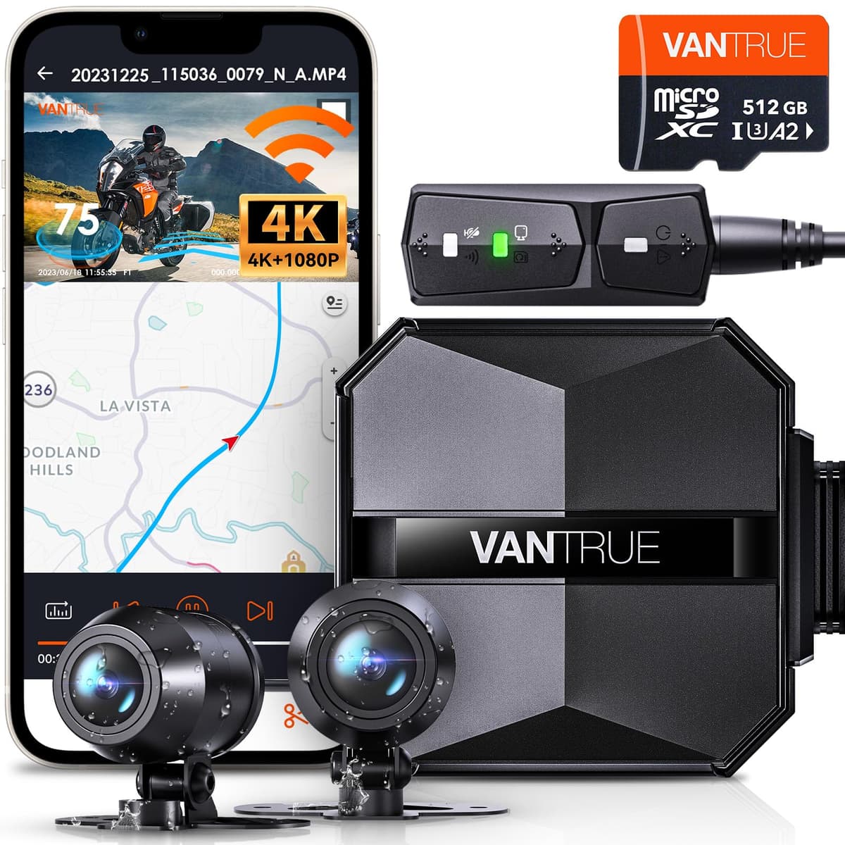 Bundle Vantrue F1 Cámara moto 4K + microSD 512GB, frontal y trasera, IP67, Wi-Fi y visión nocturna