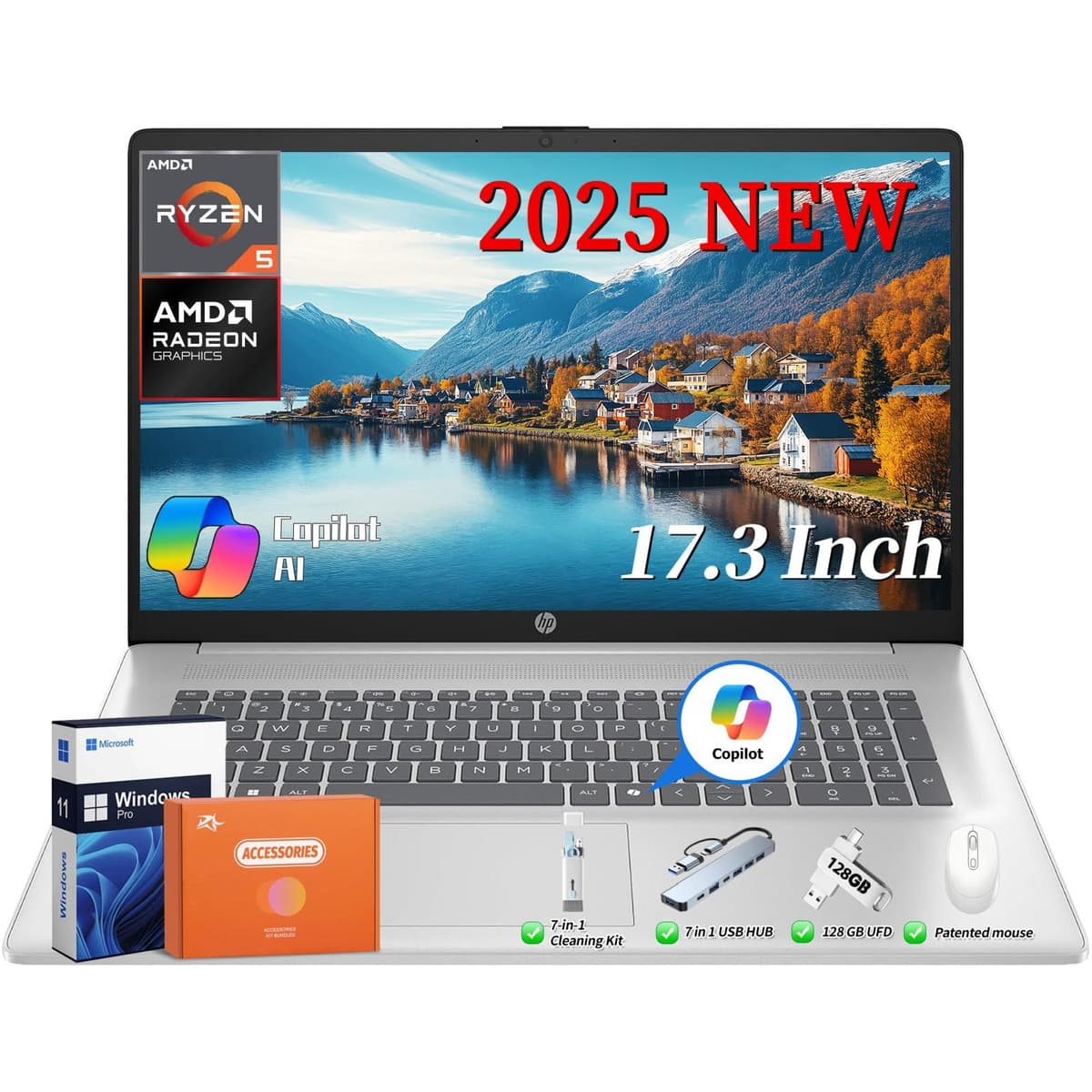 HP 2025 Portátil de 17 pulgadas, pantalla IPS antirreflejo Full HD de 17.3", AMD Ryzen 5 7520U (hasta 4.3 GHz), 8 GB RAM DDR5, SSD de 2 TB, gráficos AMD Radeon, tecla Copilot, Wi-Fi 6, Windows 11 Pro, con accesorios HP Laptop
