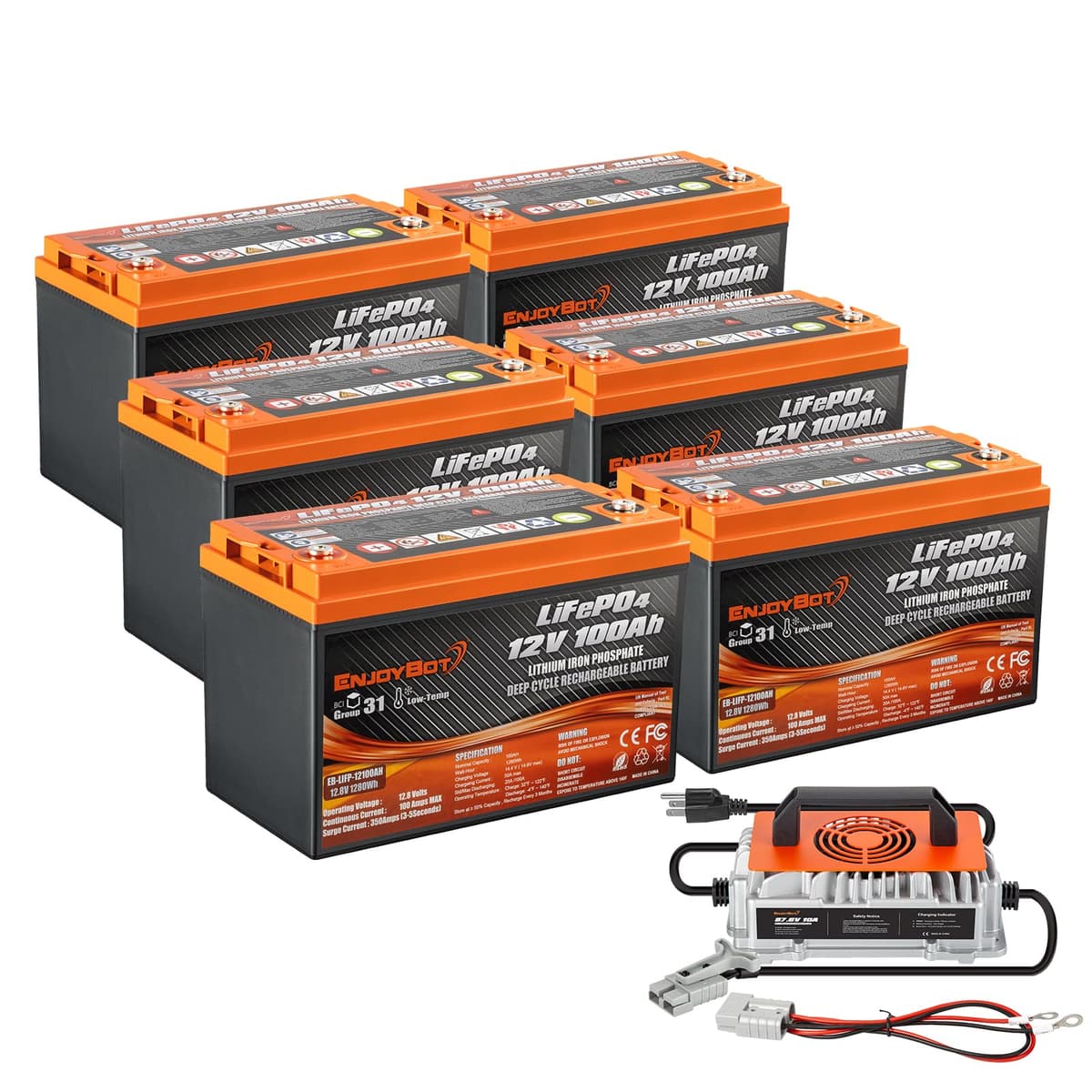 Enjoybot 12V 100Ah LiFePO4 (6 Pack) con cargador 87.6V 10A y BMS 100A 12V100Ah 6Pack+87.6V10A