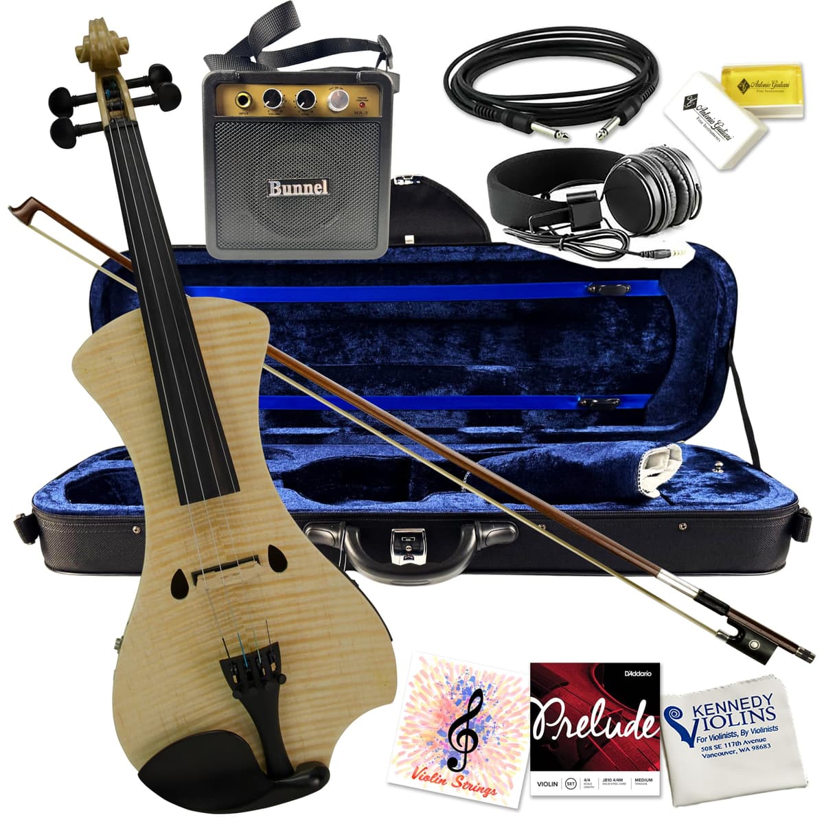 Violín Eléctrico Bunnel NEXT Atuendo 4/4 Tamaño Completo (NATURAL), Funda de Transporte y Accesorios Incluidos - Entrada para Auriculares - Mini Amplificador - Con Pastilla Piezo Cerámica de Kennedy Violins