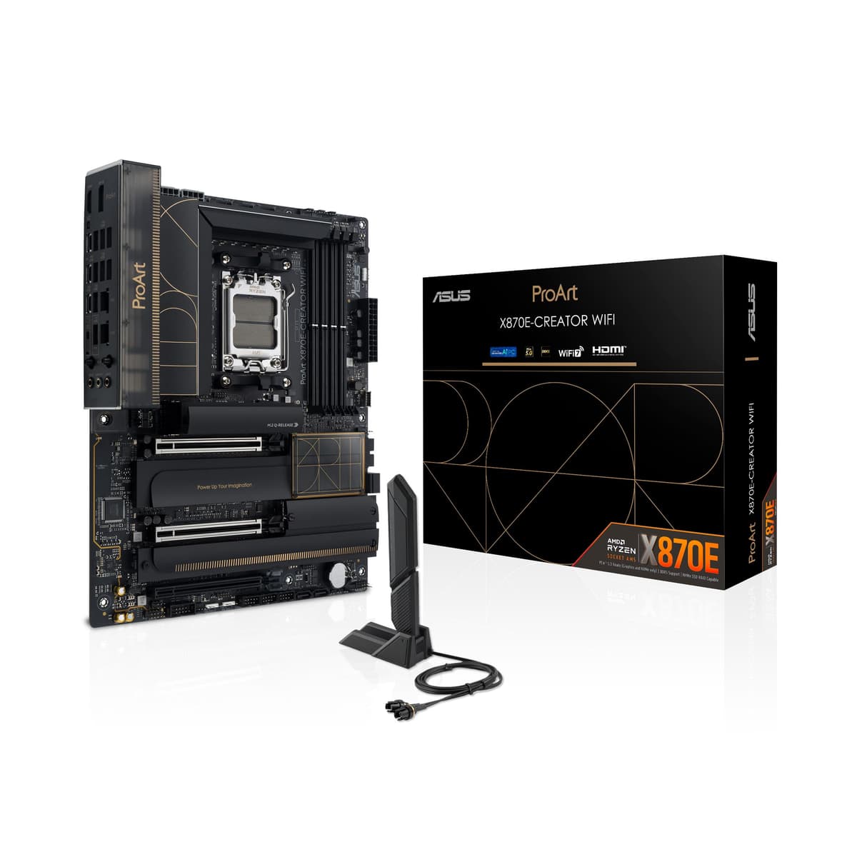 ASUS ProArt X870E-CREATOR WiFi AMD AM5 X870E Placa madre ATX con ranuras PCIe 5.0 x16, compatibilidad completa con GPUs de próxima generación, etapas de alimentación 16+2+2, DDR5, USB4 dual, LAN 10 Gb y 2.5 Gb, WiFi 7, cuatro ranuras M.2