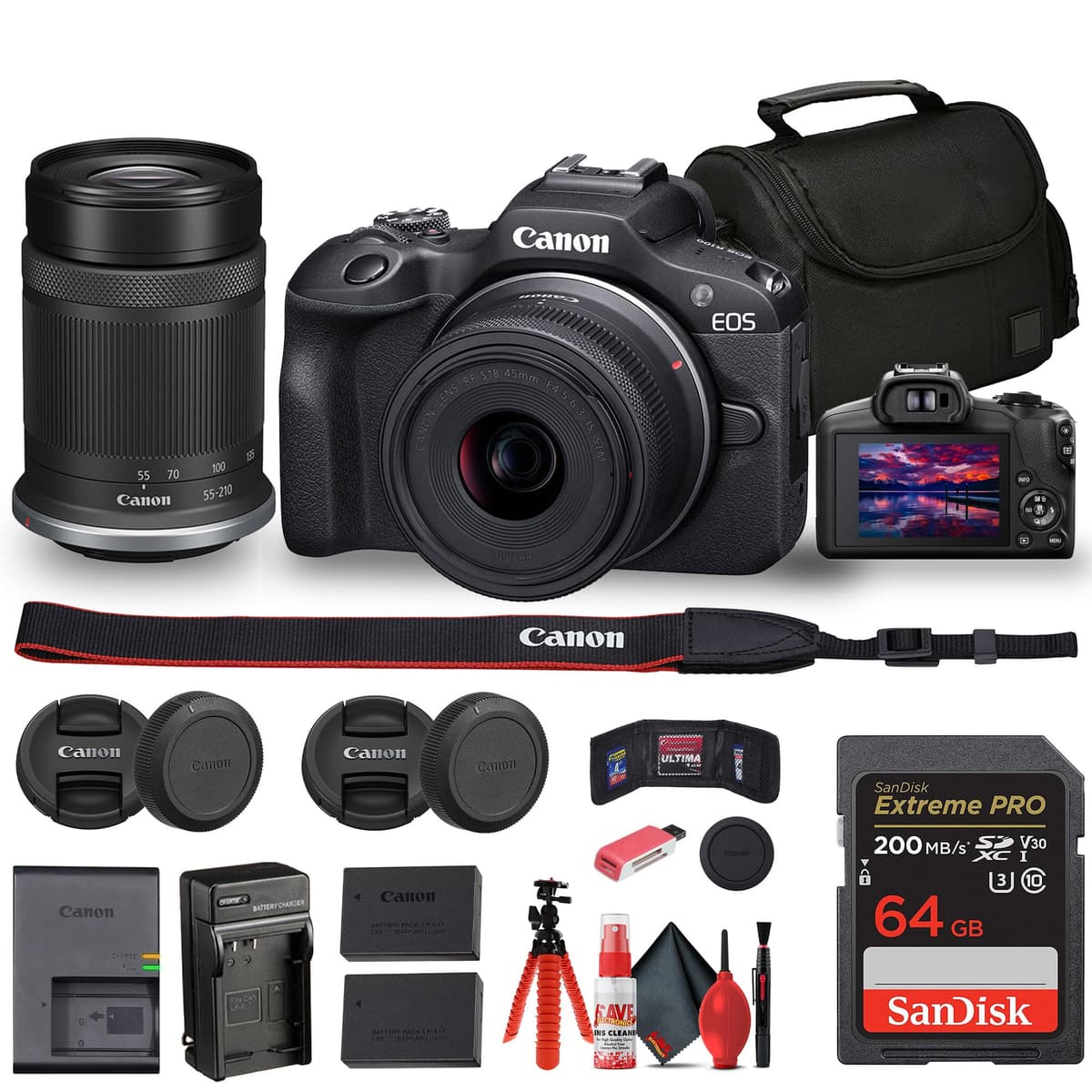 Cámara sin espejo Canon EOS R100 con lentes 18-45 mm y 55-210 mm (6052C022) + bolsa + tarjeta de 64 GB + batería LPE17 + cargador + lector de tarjetas + trípode flexible + kit de limpieza + estuche para tarjetas (Reacondicionado) 6052C022_EDIRE_1