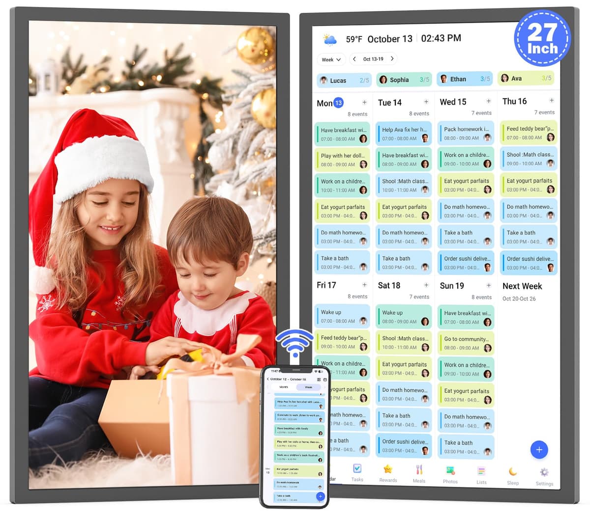 PWOSUN Calendario de Pared Digital Tablero de Tareas para Negocios - Pantalla Táctil Interactiva de 27 pulgadas Calendario Electrónico para Lista de Tareas, Sincronización Automática de Calendarios, Montable en Pared y Escritorio, Regalo de Navidad para Mamá RIV001