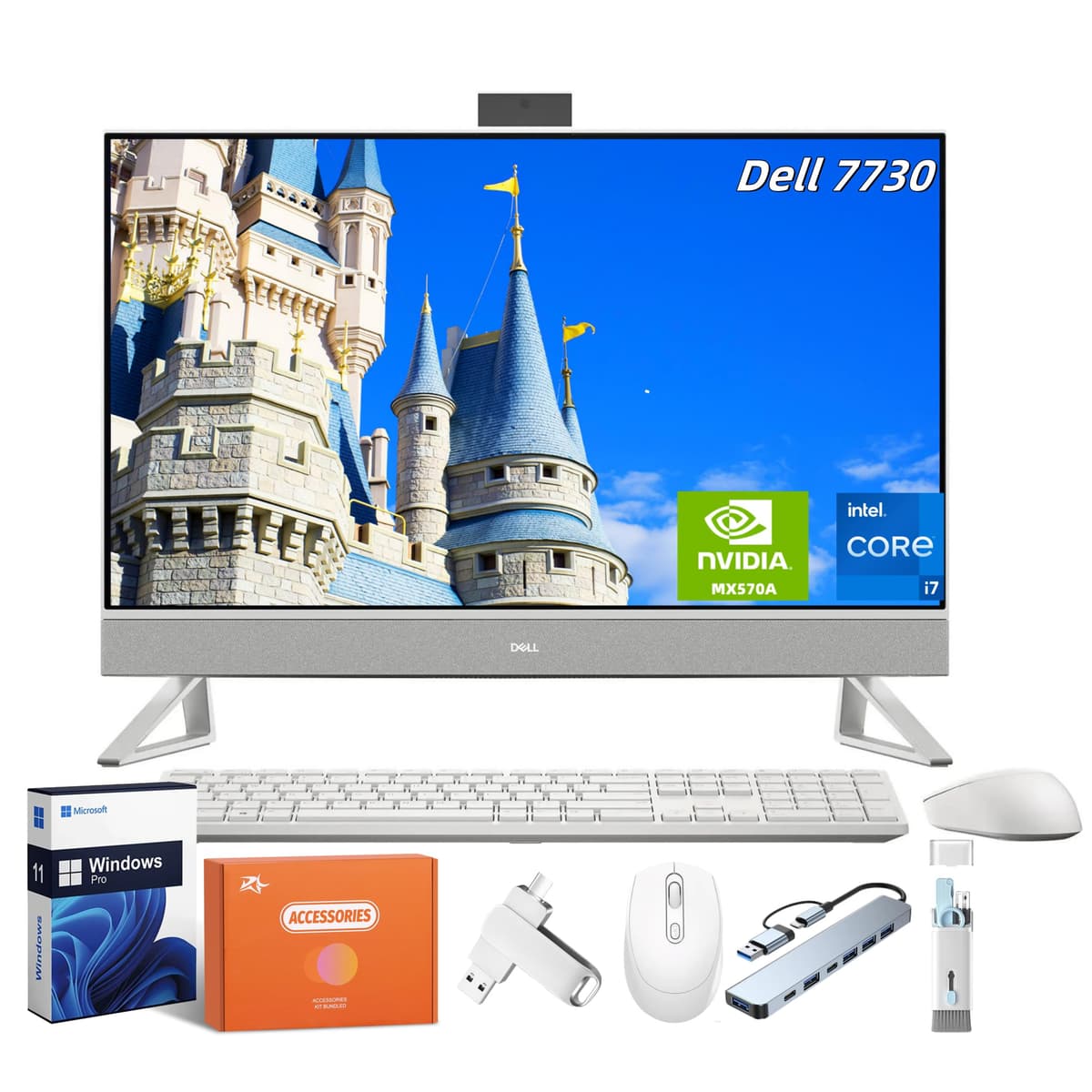 Dell Inspiron Todo en Uno, 27 pulgadas FHD pantalla táctil, Core 7-150U, NVIDIA GeForce MX570A, 64 GB RAM, 4 TB SSD, Windows 11 Pro, con accesorios i7730-7319WHT