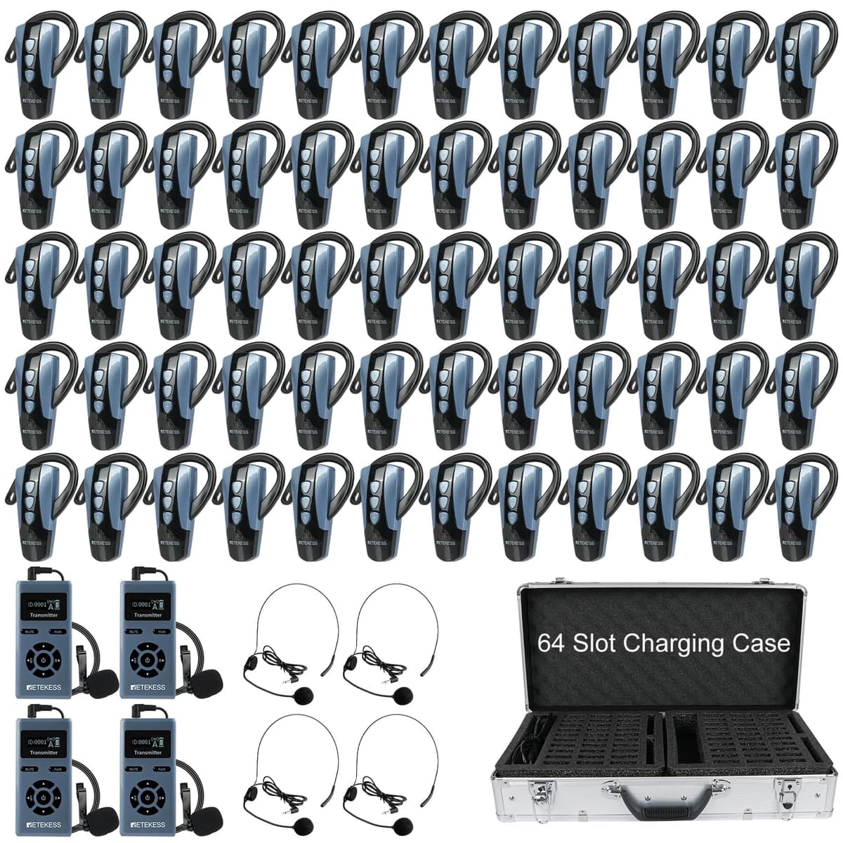 Retekess TT106S Sistema de Guía Turística Inalámbrico 2.4G con Auriculares de Gancho y Estuche de Carga 64-Slot