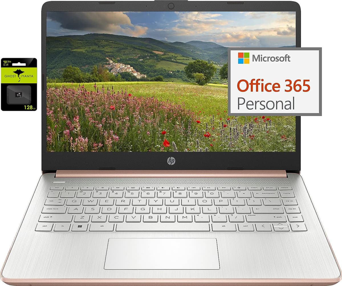 HP 14" Ultraligera para Estudiantes y Empresas, Intel Quad-Core N4120, 8GB RAM, 192GB Almacenamiento (64GB eMMC + 128GB SD Ghost Manta), 1 Año Office 365, Webcam, HDMI, WiFi, USB-A y C, Windows 11 S