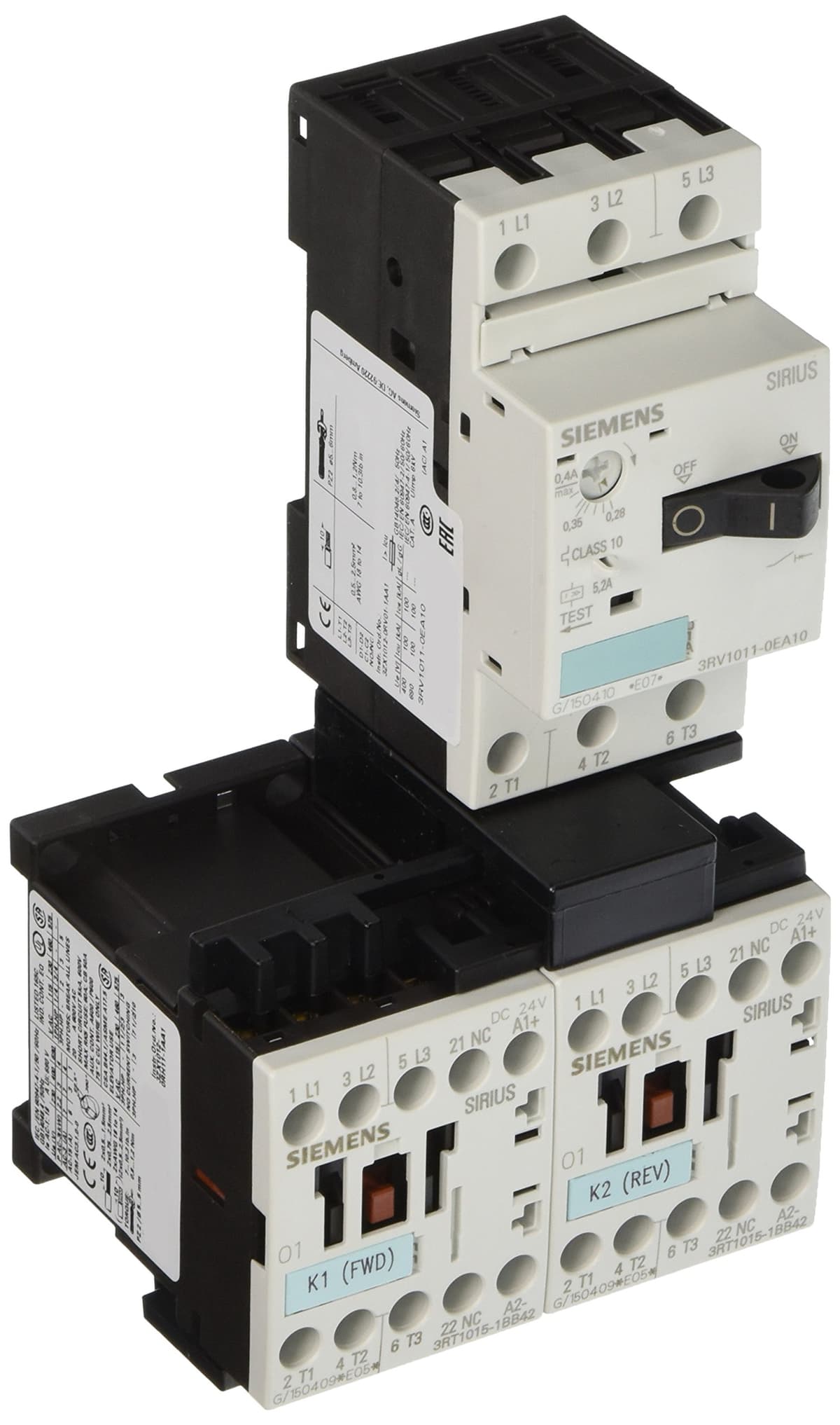 Siemens 3RA12 10-0EA15-0BB4 Combination Starter Unidad completa, reversa, bobina DC, tamaño S00, rango ajuste 0.28-0.4 FLA