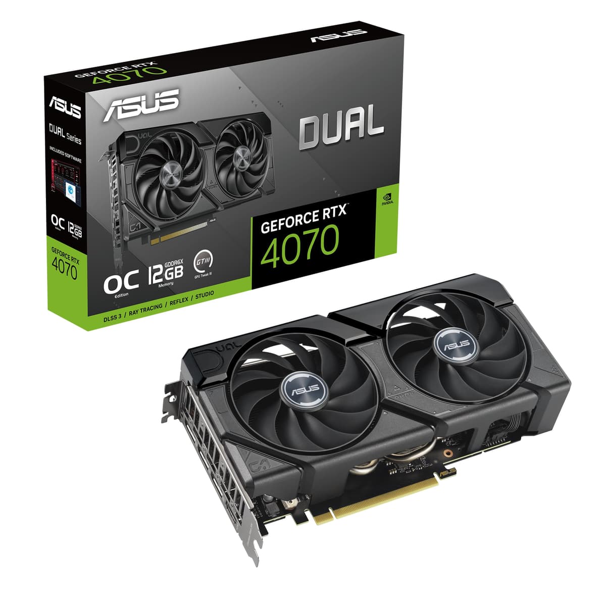 ASUS Dual GeForce RTX 4070 EVO OC Edition 12GB GDDR6X está diseñada para amplia compatibilidad, con diseño de 2.5 ranuras, ventilador Axial-tech, tecnología 0dB, Auto-Extreme y más DUAL-RTX4070-O12G-EVO