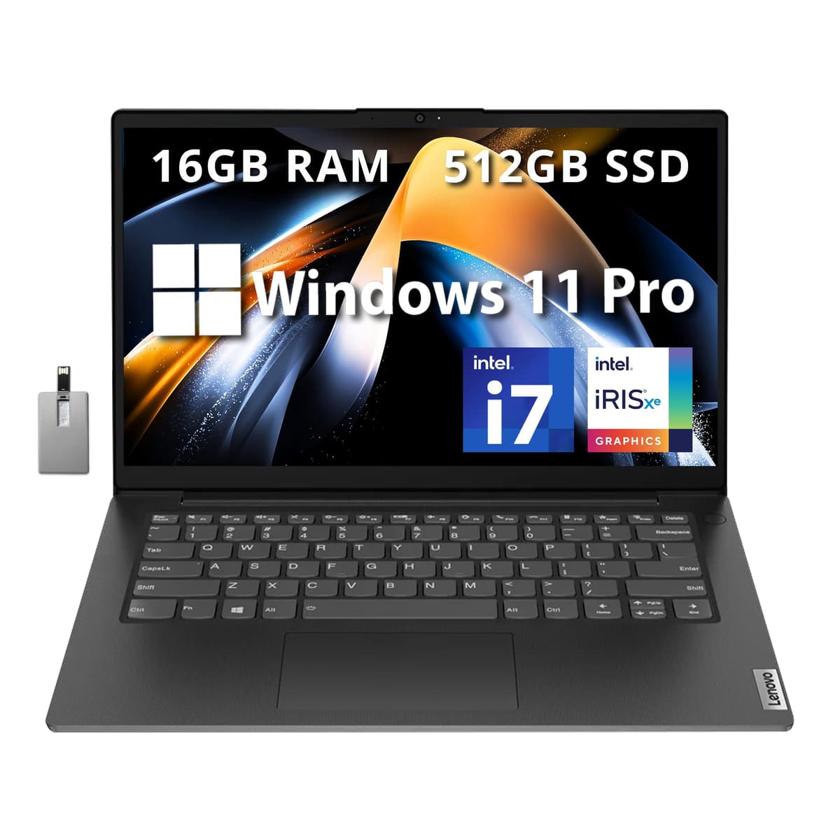 Lenovo V14 G3 14" FHD Laptop Empresarial, Intel i7-1255U, 16GB RAM DDR4, SSD PCIe 512GB, Gráficos Intel Iris Xe, Webcam HD, Wi-Fi 6, Bluetooth, Windows 11 Pro, Negro, Tarjeta USB Hotface 32GB (Reacondicionado)