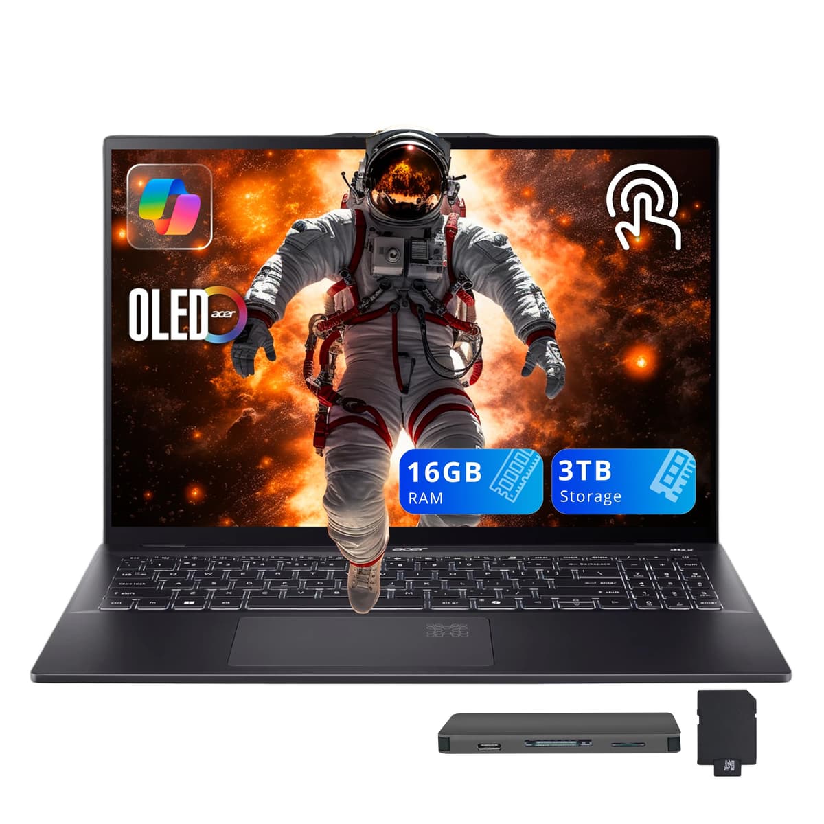 acer Swift 16 AI 16" 3K OLED táctil, Intel Core Ultra 7 256V, 16GB LPDDR5X, 3TB almacenamiento (2TB SSD + set estación de acoplamiento 1TB), Intel Arc Graphics, teclado retroiluminado, Wi-Fi 7, Windows 11, negro