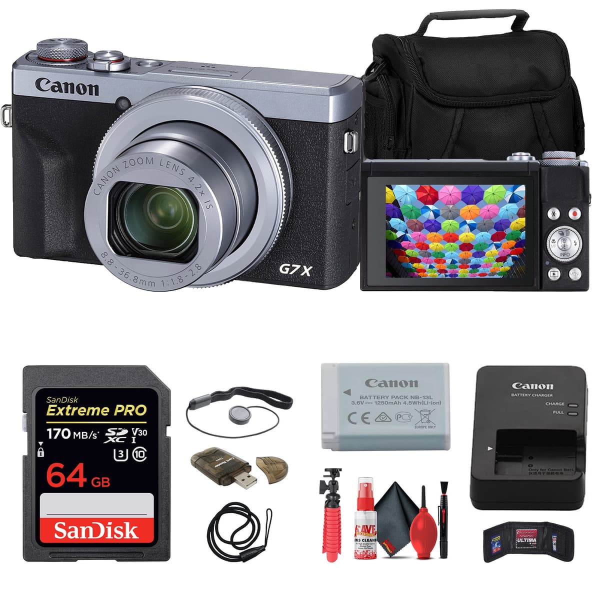 Cámara digital Canon PowerShot G7 X Mark III (Plateada) (3638C001) + Tarjeta de memoria de 64GB + Lector de tarjetas + Funda + Trípode flexible + Billetera para tarjetas + Sujetacubierta de lente + Kit de limpieza (Reacondicionado) 3638C001_EDI_1-RE
