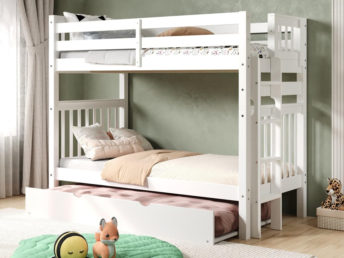 Camarote alto Bedz King twin sobre twin estilo misión con escalera lateral y cama nido twin, blanco BK161EL-White-Trundle