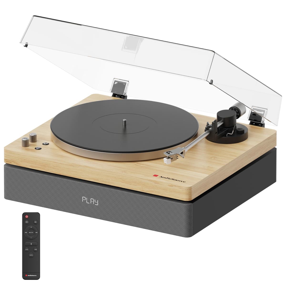 Reproductor de Discos de Vinilo AudioSource, Tocadiscos Todo en Uno con Parlante Integrado 2.1 Canales, Bluetooth 5.4, 120W, Subwoofer Incorporado, Alta Fidelidad 2 Velocidades con Transmisión por Correa, Sistema de Aislamiento Patentado, AT33 AT3345BT