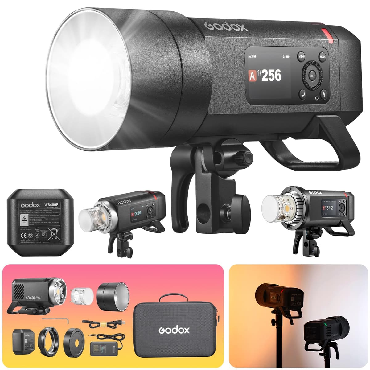 GODOX AD400Pro II AD400Pro (2025) Flash de Estudio Portátil 400Ws Soporta Sync de Alta Velocidad 1/8000s 460 Disparos a Potencia Completa / LED Bi-color 30W / Modo Freeze / Ajuste en 10 Niveles GN72 Sincronización One-Touch X3