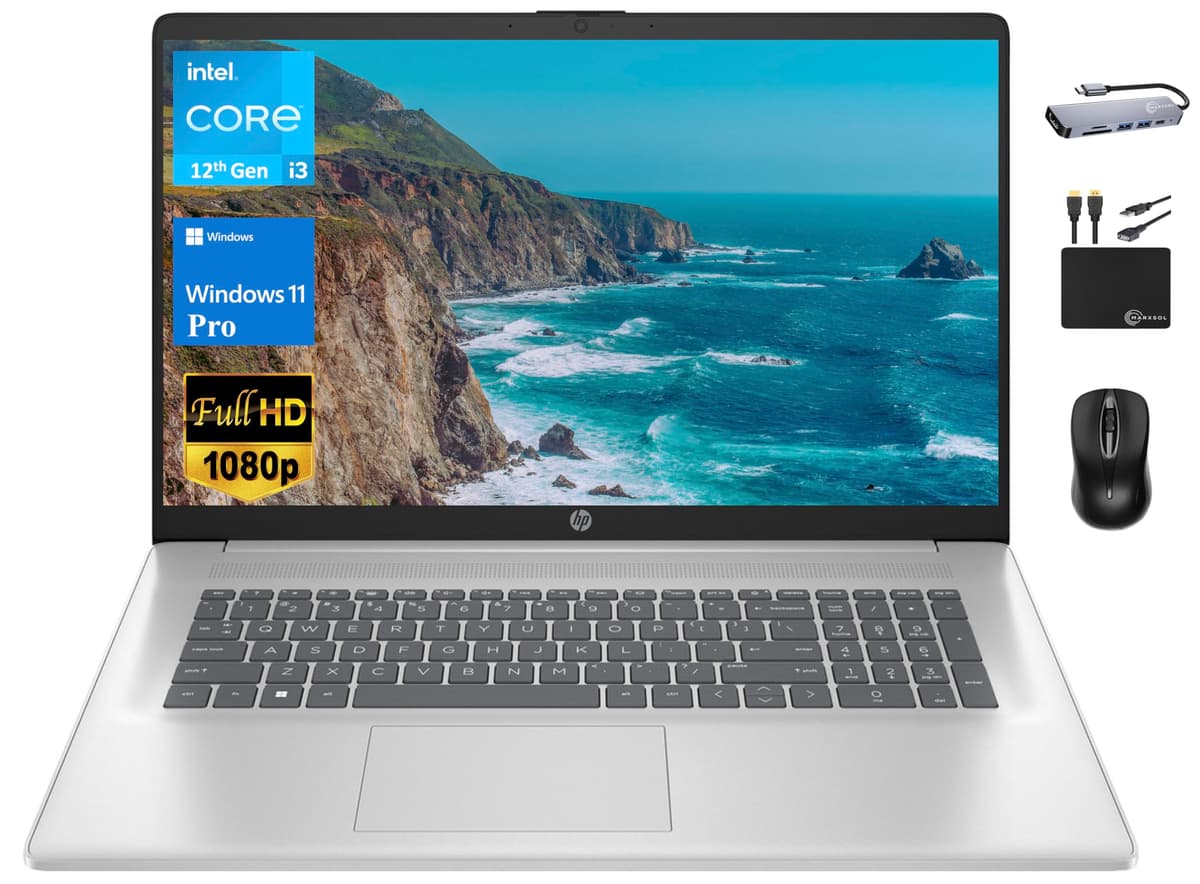 HP 17 Portátil Empresarial 2024 Insignia, Pantalla FHD IPS de 17.3", Intel i3-1215U de 6 núcleos (hasta 4.4 GHz), 16GB RAM, 1TB SSD, Gráficos UHD, Wi-Fi, Cámara de Privacidad, Batería de Larga Duración, Windows 11 Pro +Accesorio Marxsol 2024 HP 17 Business Laptop