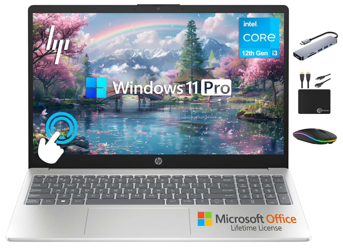 HP 2025 Business Laptop táctil 15.6" HD, Procesador Intel i3 6 núcleos (hasta 4.4 GHz), 16GB RAM, 1TB almacenamiento (512GB SSD + 500GB externo), batería de larga duración, accesorio Marxsol, Microsoft Office de por vida, Windows 11 Pro HP 2025 Flagship 15 Laptop