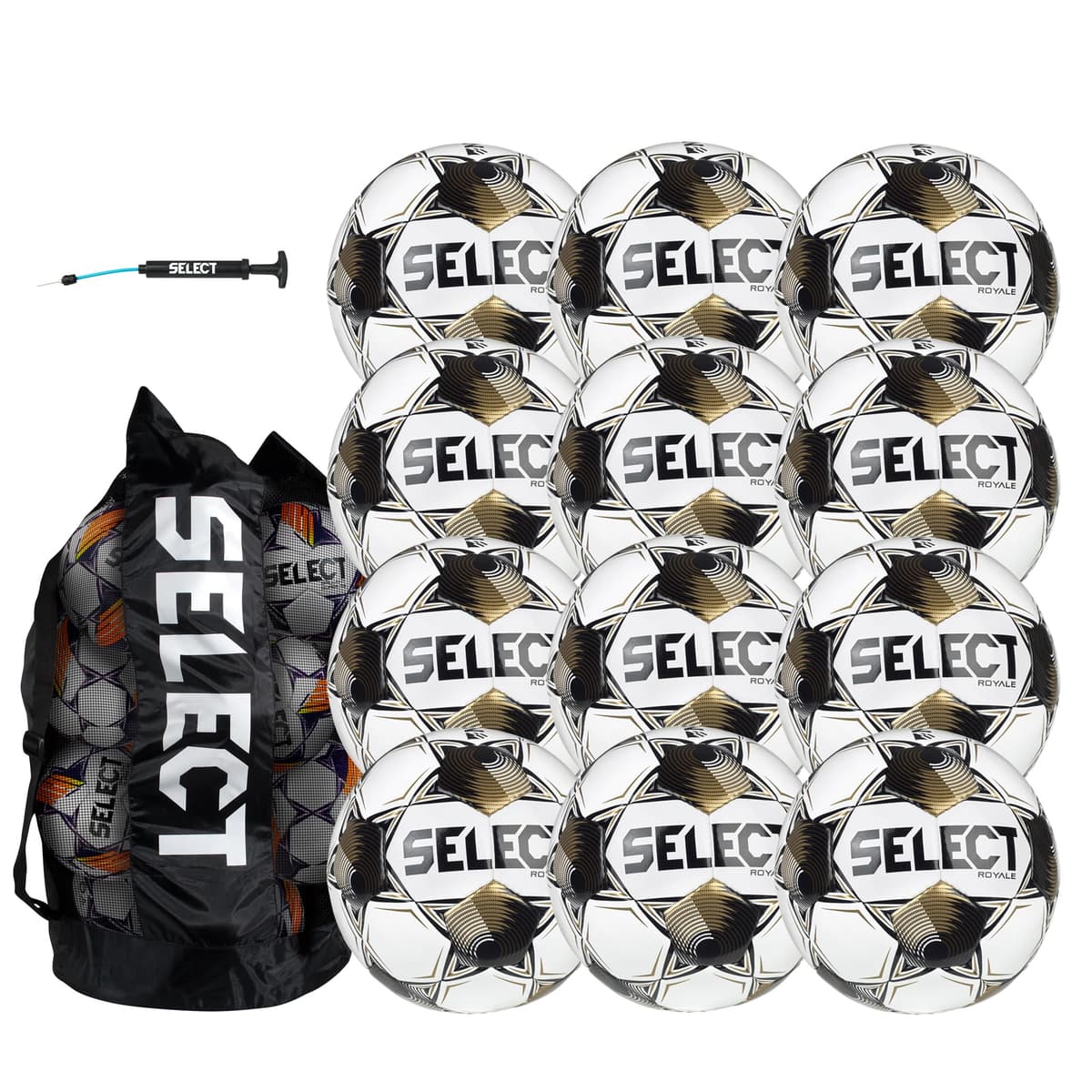 Select Royale balón de fútbol pack de 12 con bolso y bomba, blanco/negro/dorado NFHS V25, talla 5