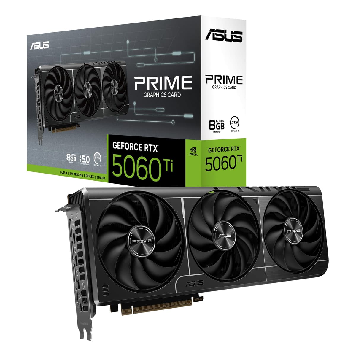 ASUS Tarjeta de Video Prime GeForce RTX 5060 Ti 8GB GDDR7 lista para SFF (PCIe 5.0, 8GB GDDR7, HDMI/DP 2.1, 2.5 ranuras, Ventiladores Axial-tech, BIOS Dual) PRIME-RTX5060TI-8G