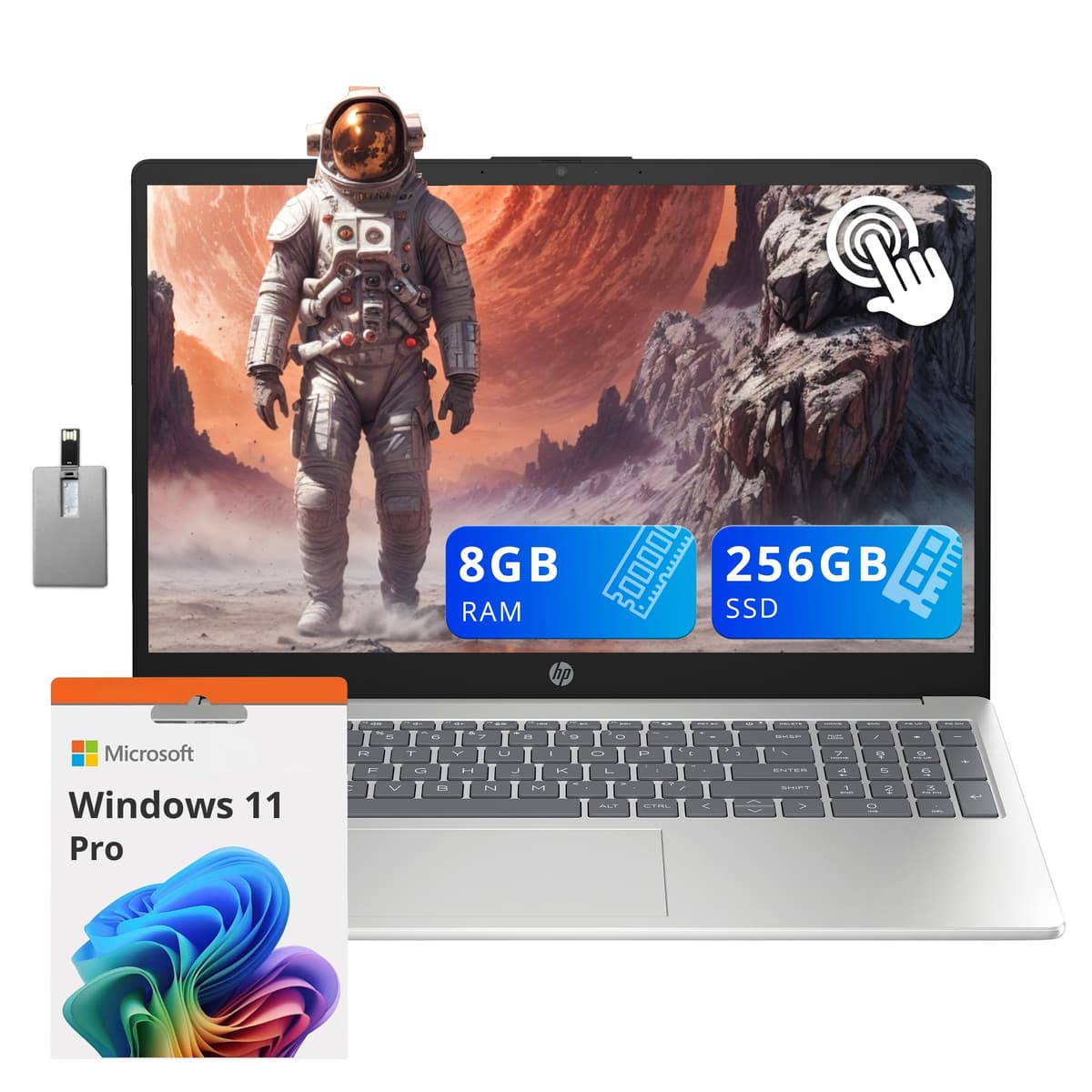 HP 15.6" HD Pantalla Táctil Laptop Empresarial, Intel i3-1215U, 8GB DDR4 RAM, 256GB SSD PCIe, Gráficos Intel UHD, Teclado Numérico, Cámara 720p HD, Windows 11 Pro, Plateado, Tarjeta USB Hotface 32GB