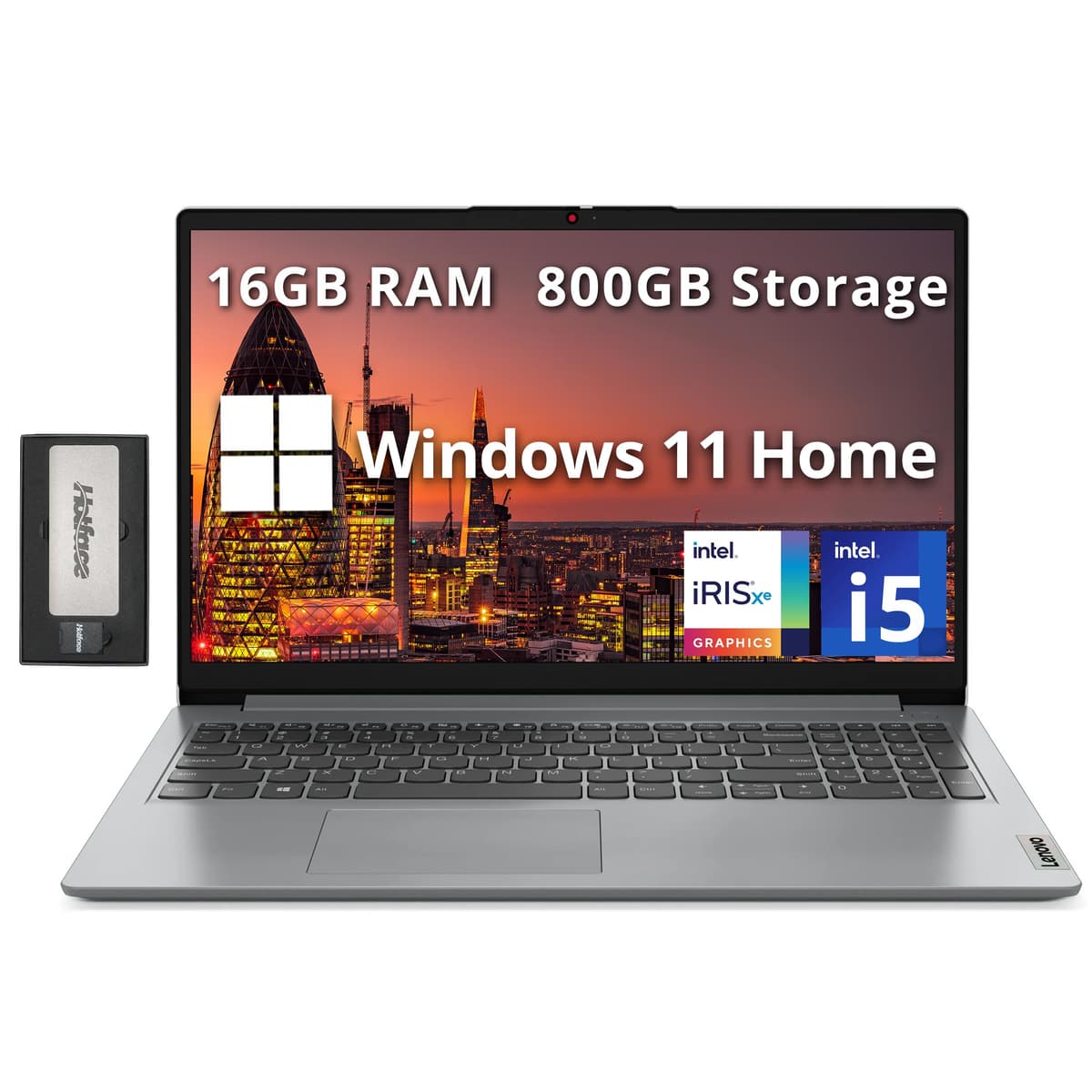 Lenovo IdeaPad 1i 15.6" FHD para Negocios, Intel i5-1235U, 16GB RAM, 800GB Almacenamiento (512GB SSD+288GB Estación de Acoplamiento), Gráficos Intel Iris Xe, Teclado Numérico, Cámara HD, WiFi 6, Windows 11 Home, Gris