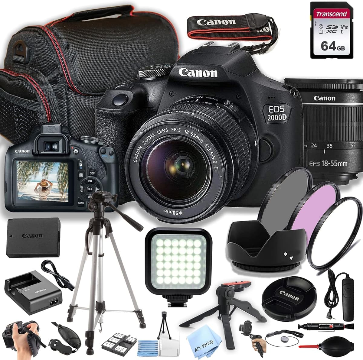 Canon EOS 2000D / Rebel T7 con objetivo EF-S 18-55 mm f/3.5-5.6 + tarjeta de 64 GB, filtros, estuche, trípode, luz LED, control remoto y más (paquete de cámara DSLR de 35 piezas) (reacondicionado), Negro CN-2000D-1855FLK-061024-cr