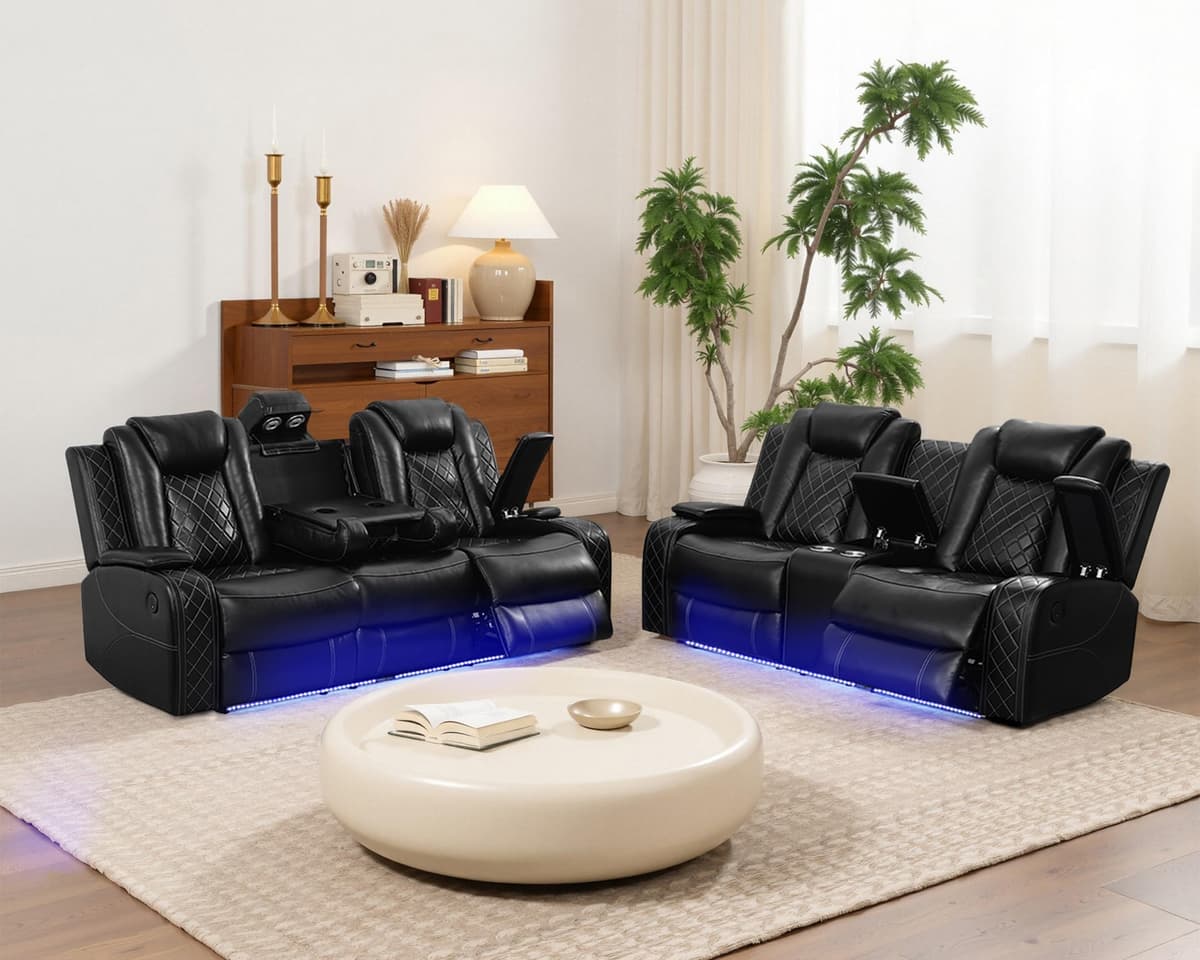 Conjunto sofá reclinable Plithzy 3 plazas y loveseat con LED, puerto USB, mesa abatible y portavasos (Negro) BB-GN4662-S+L