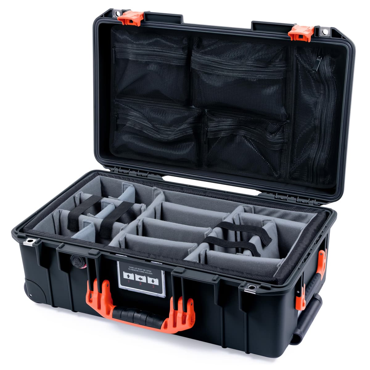 Maletín de mano Pelican Air 1535 de ColorCase - Negro - Estuche impermeable tamaño mediano con divisores acolchados de microfibra grises y organizador de tapa con malla - Manijas y cierres naranjas 015350-0170-110-151
