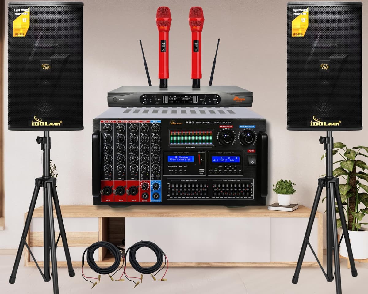 IDOLmain Sistema Karaoke Profesional 8000W con Amplificador Mezclador Bluetooth/Equalizer/HDMI, Parlantes y Micrófonos Inalámbricos 0626425906286