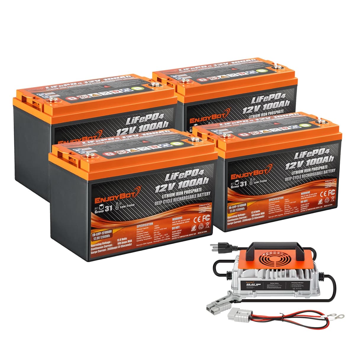 Enjoybot Batería LiFePO4 12V 100Ah Grupo 31 con BMS 100A y cargador 58.4V 18A 12V100Ah 4Pack+58.4V18A