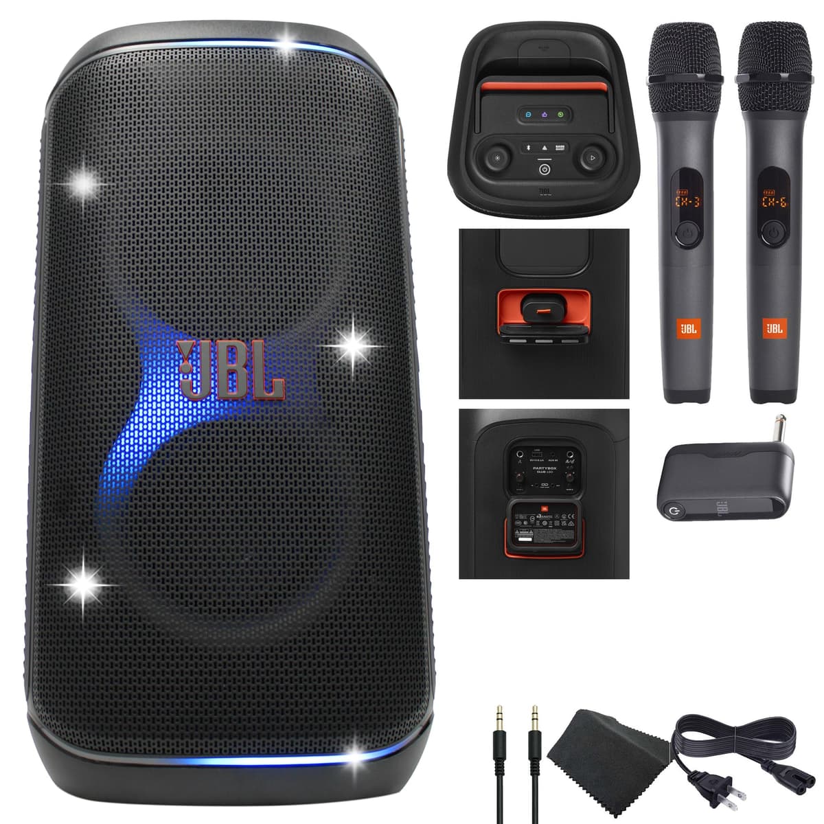 JBL PartyBox Club Altavoz Portátil Inalámbrico Resistente a Salpicaduras 120-160W - 12 Horas de Reproducción - Sonido Potente y Graves Profundos + Sistema Inalámbrico de Dos Micrófonos con Receptor + Cable AUX + Paño de Microfibra JBLPARTYBOX120AM_EDI_3